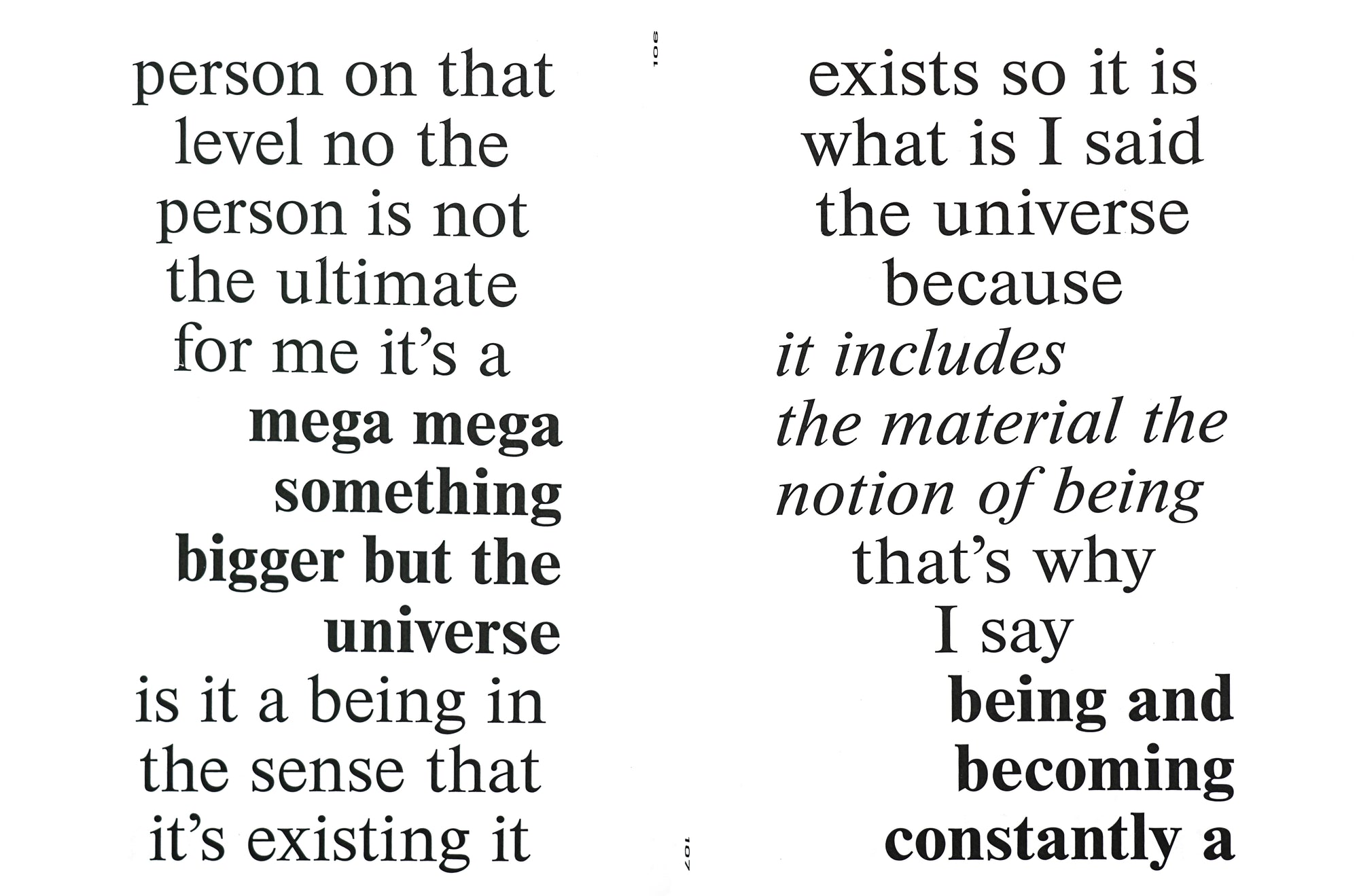A spread showing, black on white, large text in serif, set in interchanging regular, bold and italic set. 