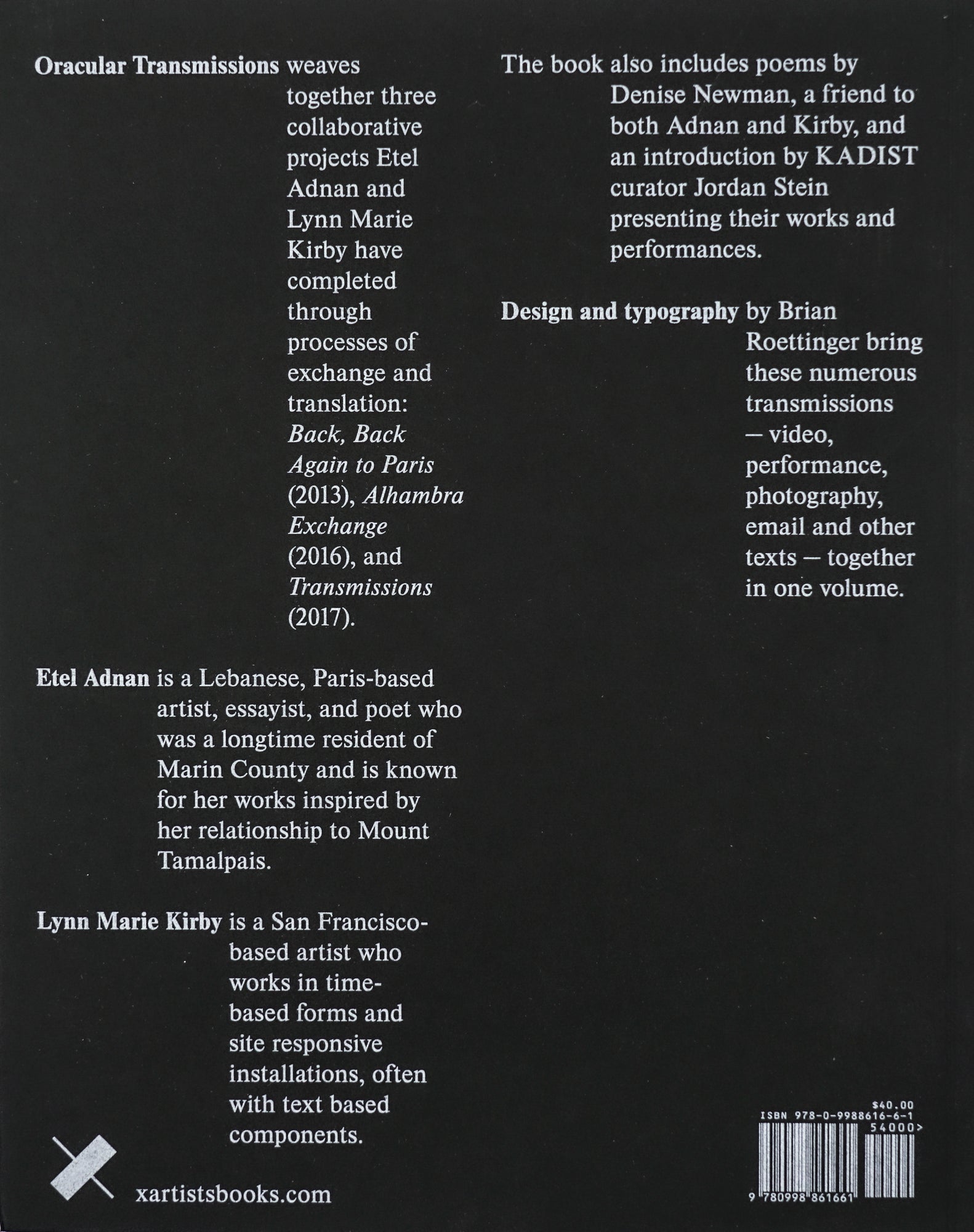 The back cover of the book, in the same light on dark grey tone text and background. It reads the credits, a short description of the book as well as short bios of the authors. 