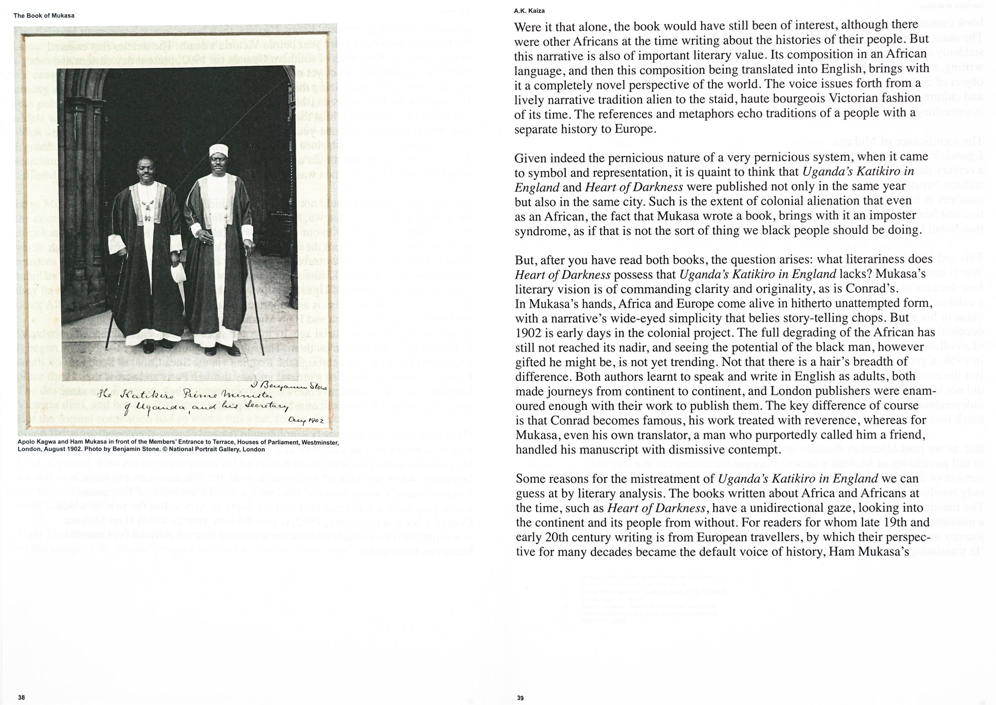 A spread of Errant Journal, on the left side a black and white photograph of Apolo Kagwa and Ham Mukasa in front of the houses of Parliament in Westminster, London, courtesy of the National Portrait Gallery. On the right hand side lies flow text in serif type.