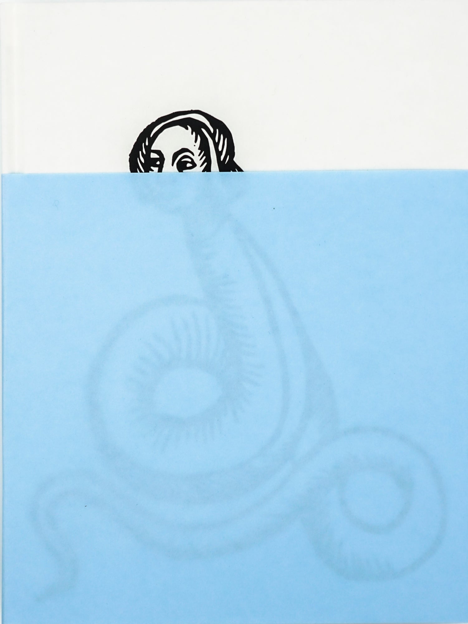 Cover depicting, in a linocut-style illustration, a human head on a snake-like body. About two thirds up from the bottom, a light blue, semi-translucent sleeve is placed so that the eyes of the creature are lurking over the border of the blue.