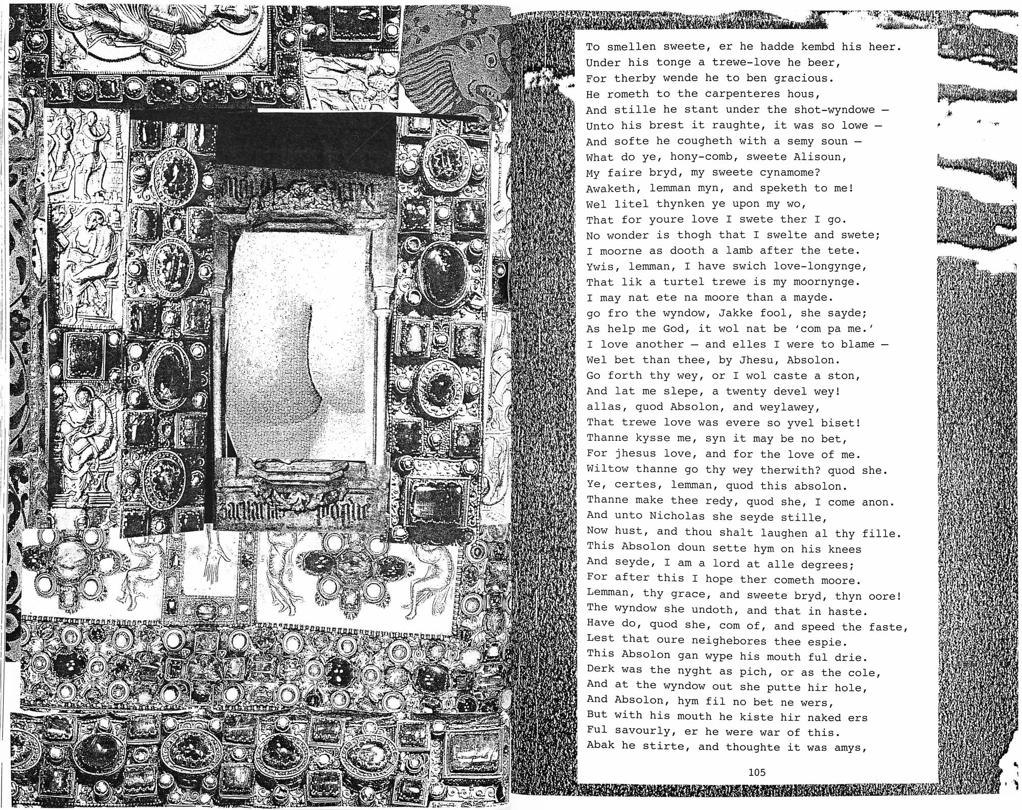 Book spread in black and white with a collage on the left consisting of elements of ancient jewelry and the rear view of a naked human bottom in the middle. On the right side is a column of typed text in Old English. 