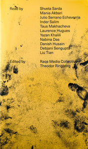 Book cover: title on the top left corner. List of contributors on the top right in black font. Yellow background with black ink smudges.