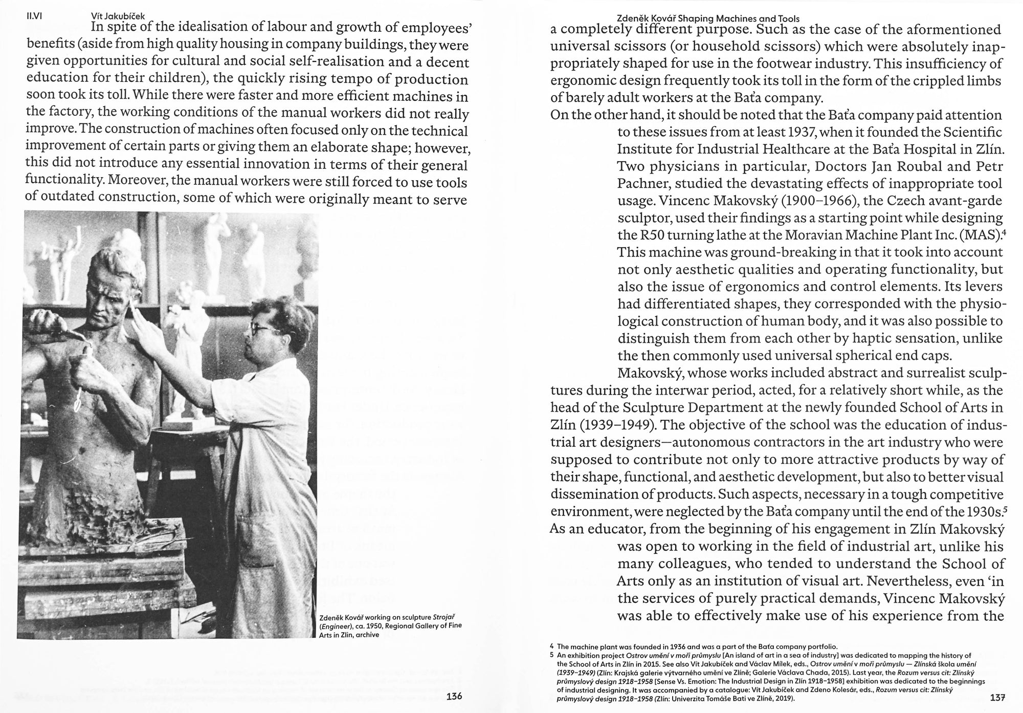 Book spread with two columns of text written in black sans serif. On the left side in the text is a black and white image of a sculptor chiseling on a male figure.