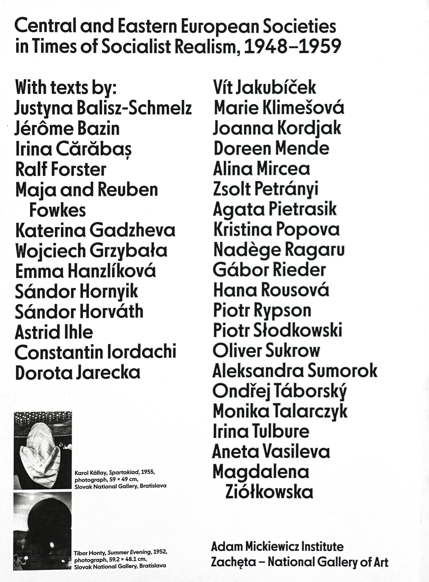 White page with black thick title Central and Eastern European Societies in Times of Socialist Realism, 1948-1959 and a list of authors in two columns underneath. Two miniature depictions of black and white photography are on the lower left side. 