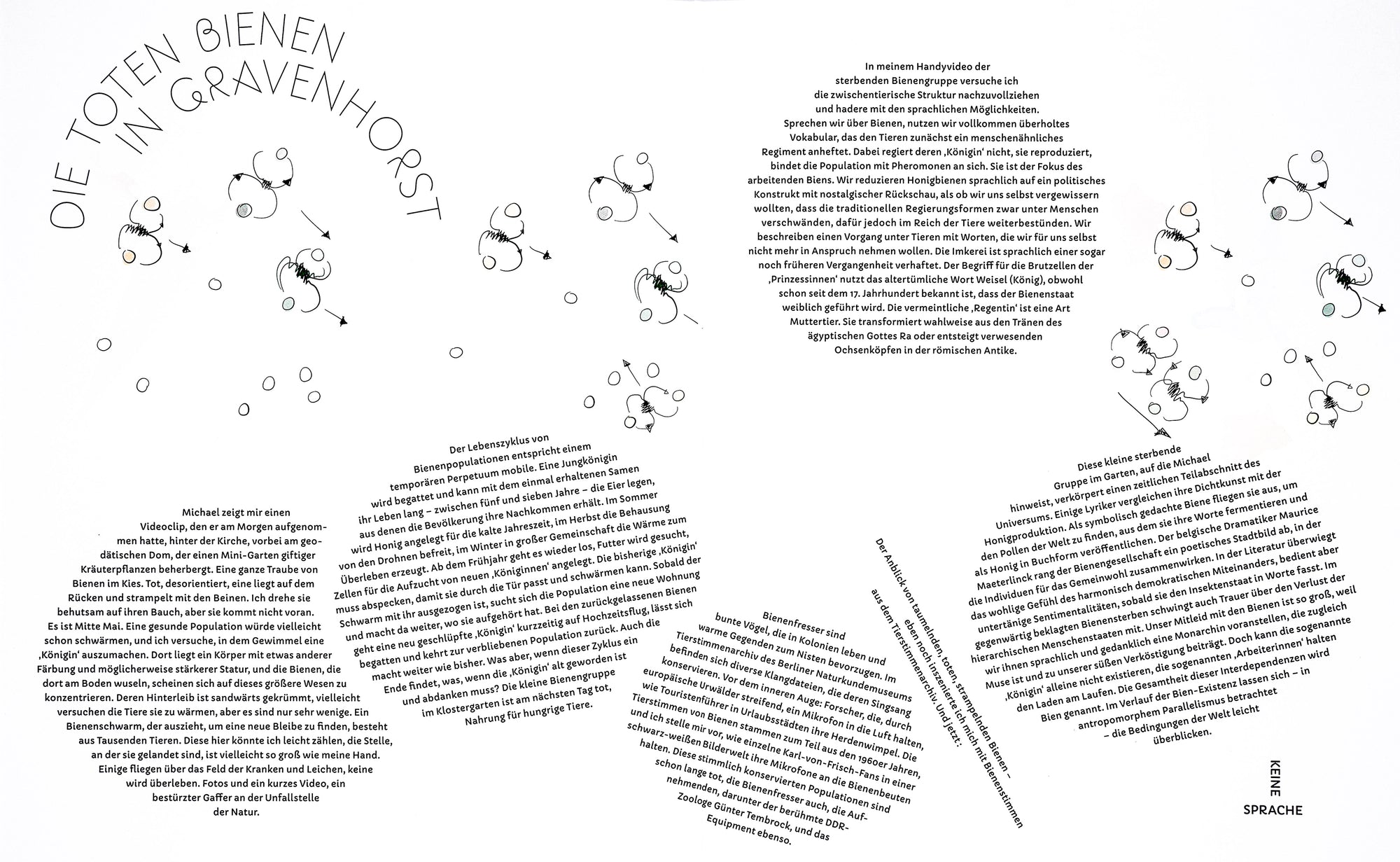 Another spread depicting several illustrations and bubbles of text that are playfully held in round, bubbled shapes.
