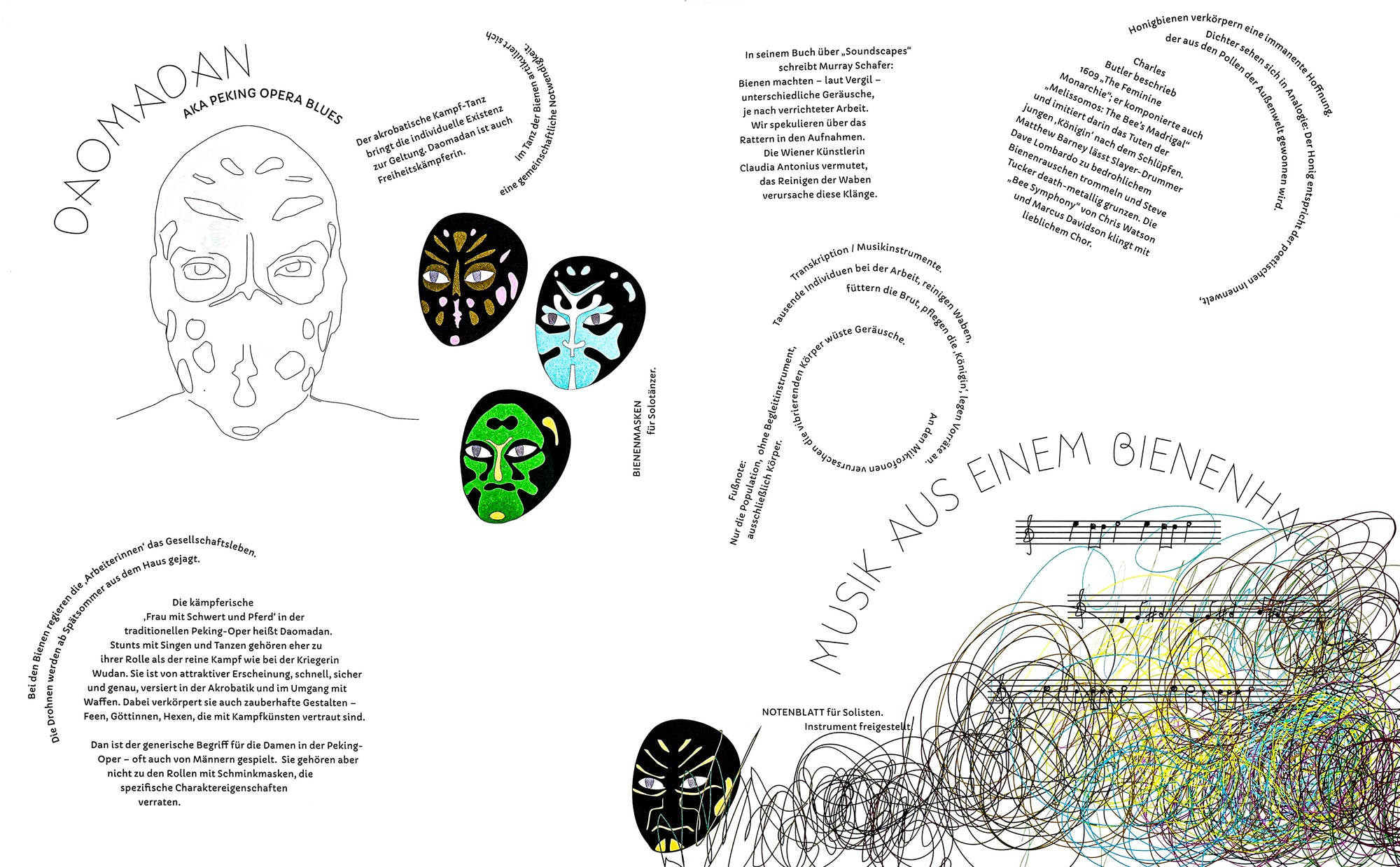 Spread depicting various playfully set flow texts, set in shapes and curved lines. There are also fine line illustrations, music notes, scribbles and mask illustrations sitting on a white background.