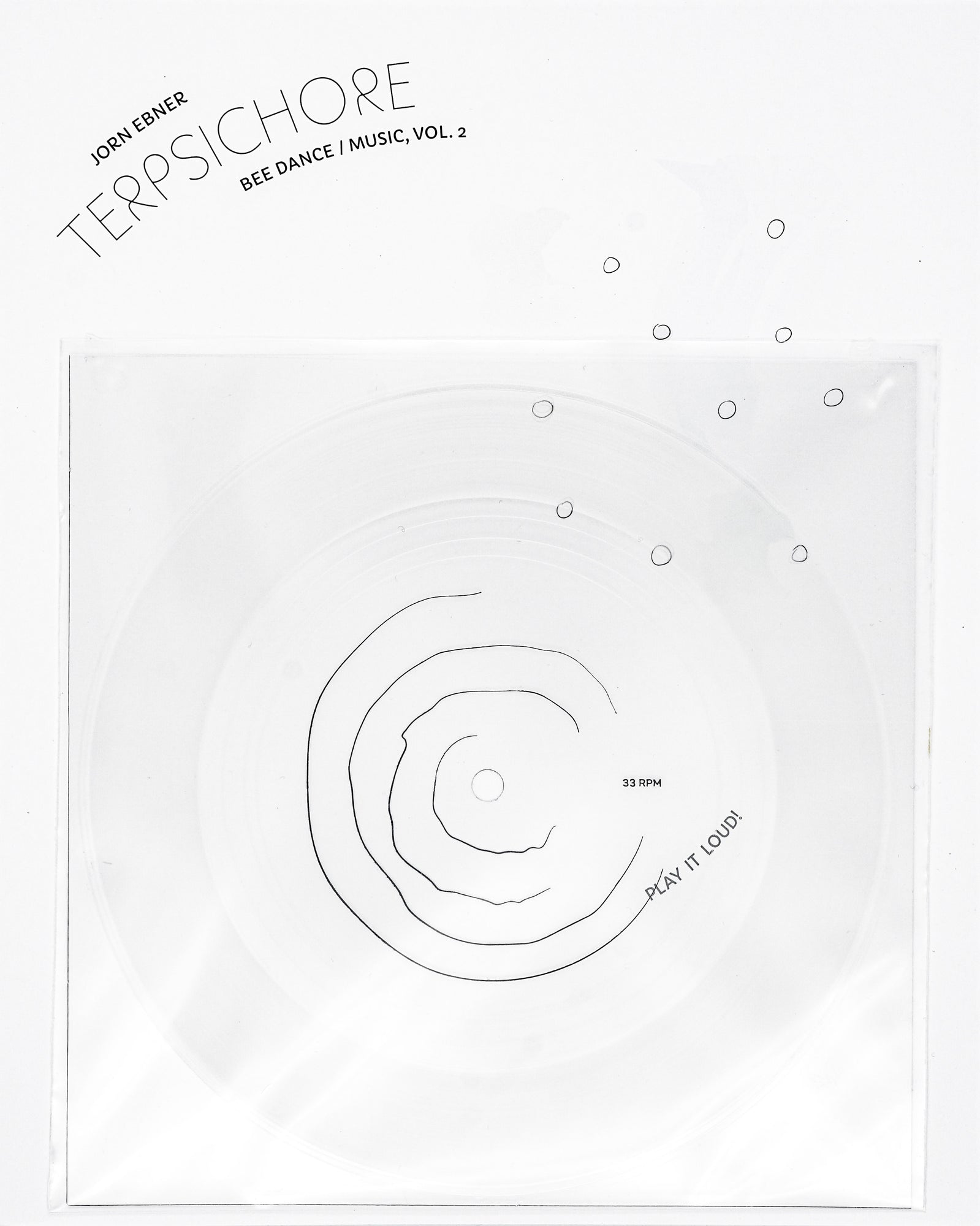 The cover, held in white, carries a translucent plastic bag with a small translucent ep in it. There is fine type and fine line illustrations on top of the cover, in sans serif text. 