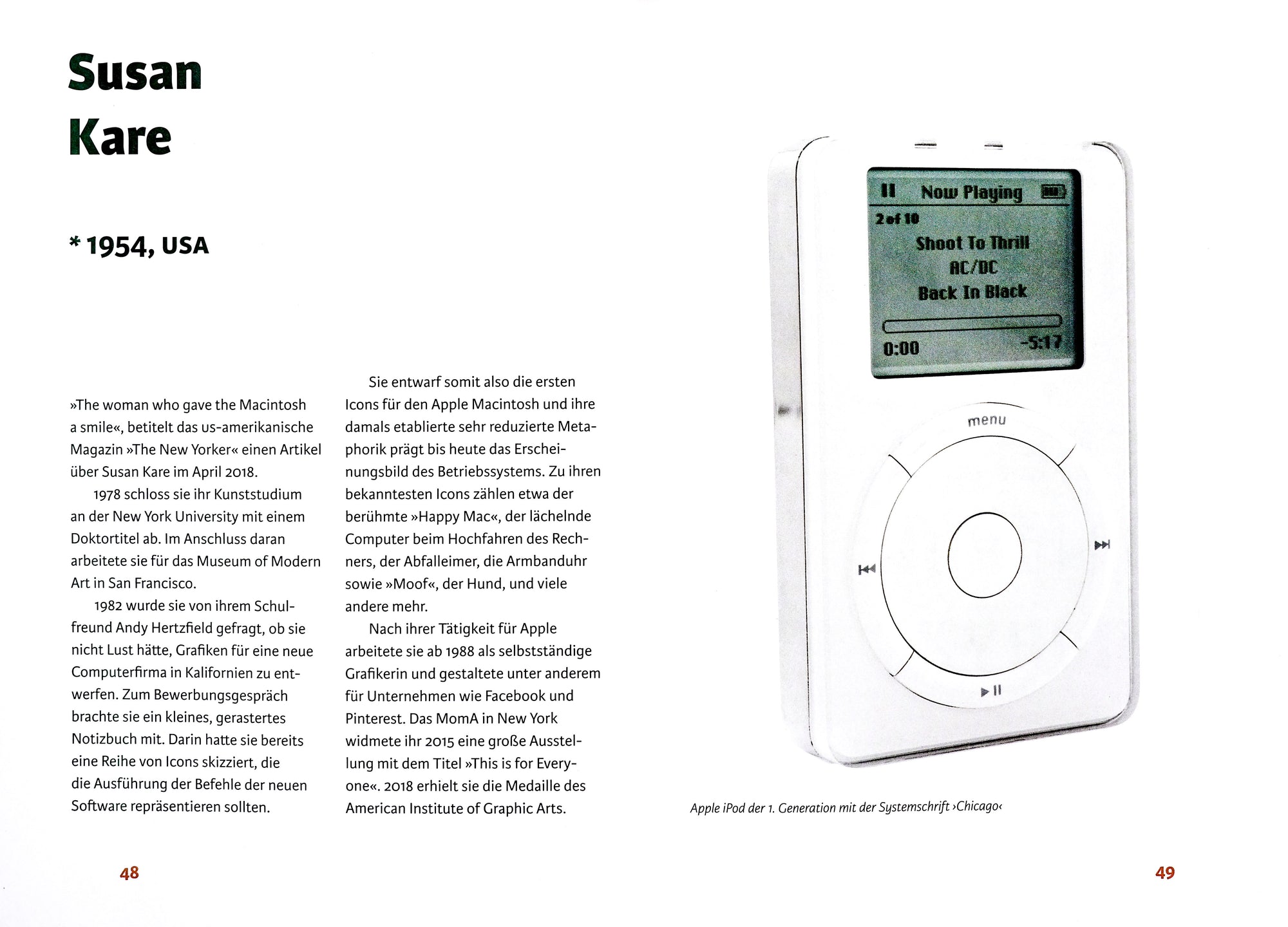 Die Doppelseite von 48 und 49 zeigt zur linken Seite einen Text über Susan Kare, zur rechten ein Foto von einem 1. Generation Apple iPod mit der Systemschrift Chicago.