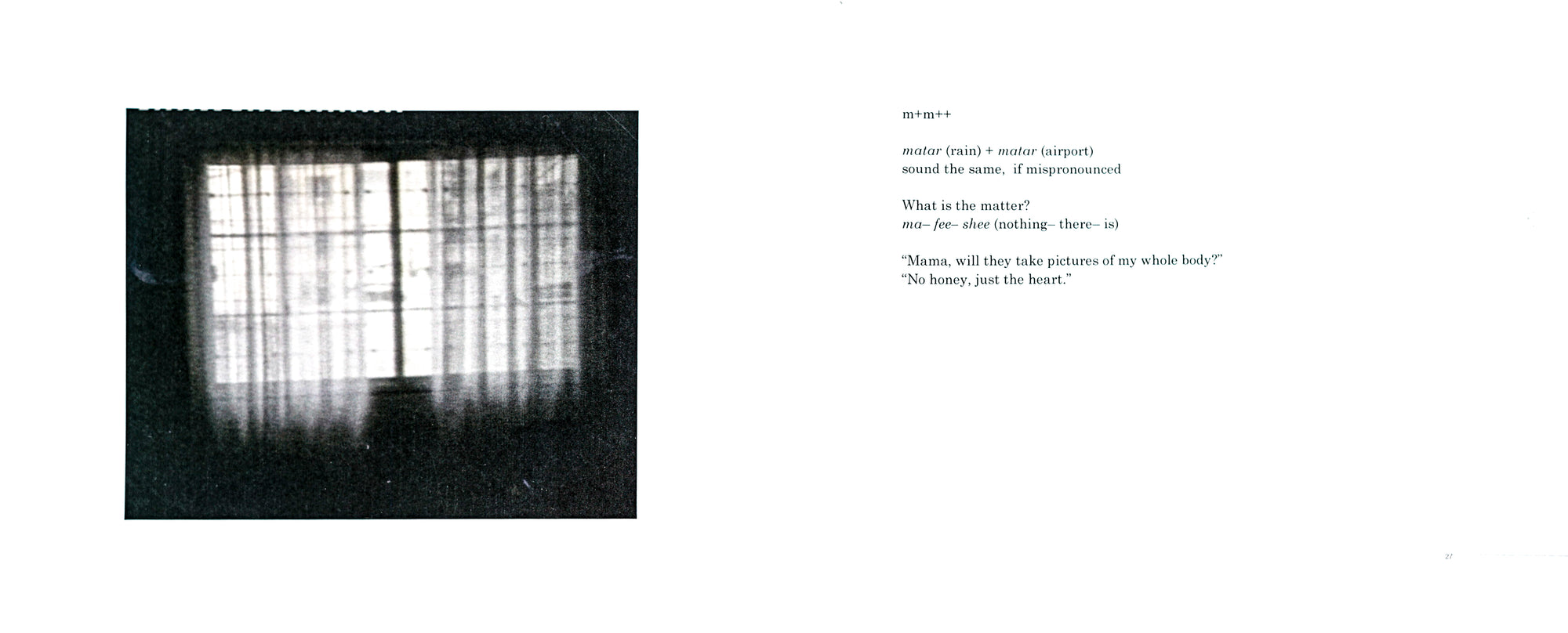 On a white background, a black and white still of an outward-facing window and translucent curtains sits on the left side of the spread, while a poem sits on the right side of this spread.