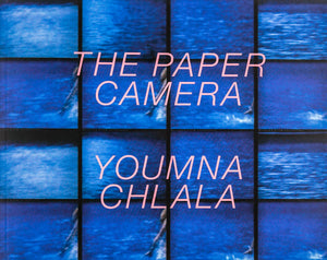 The cover of 'The Paper Camera' by Youmna Chlala reads the title and author in centred, pink sans serif italic type. The letters sit atop a grid of 16 stills of deep blue water.
