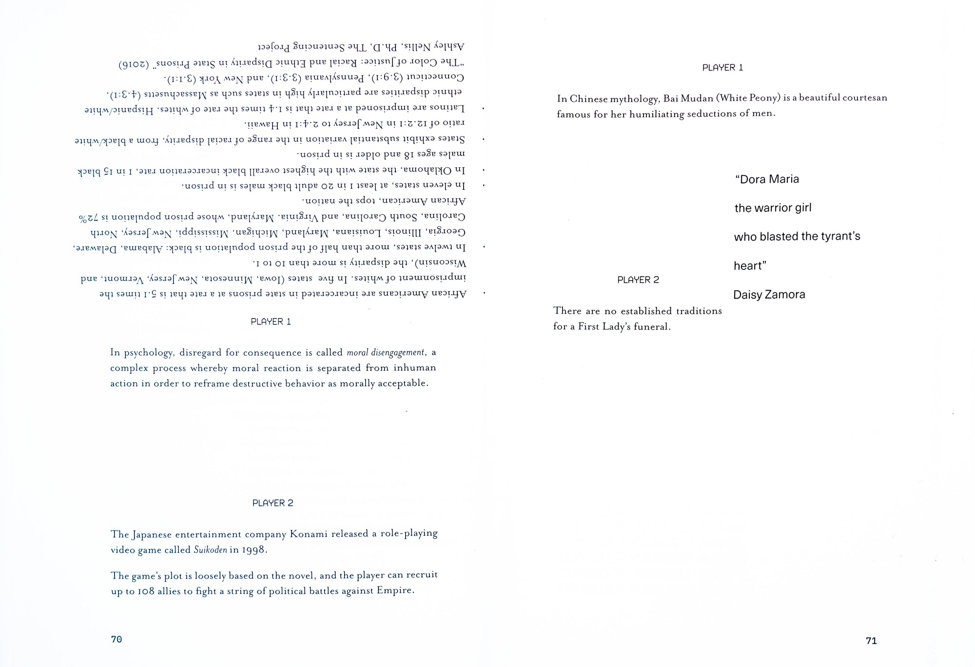 Book spread in monochrome white with an interrupted column of text in serif writing on the left page. Half of the text in the upper part of the page is written upside down. The right page contains a few lines of text in serif writing.