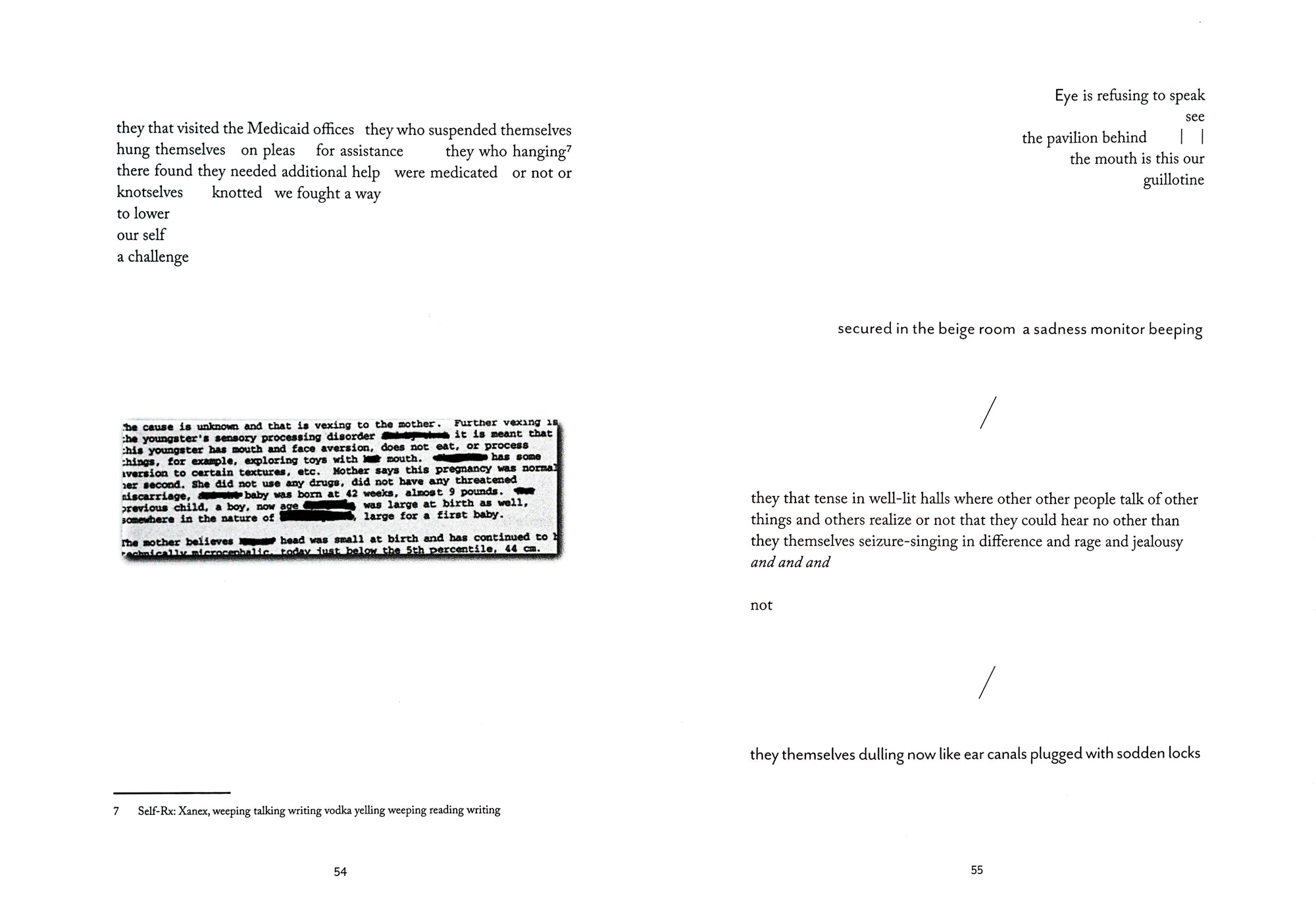 A spread depicting bits of flow text that are set with great distance in between. A cut-out from another text with some words blacked out sits on the left side of the spread.