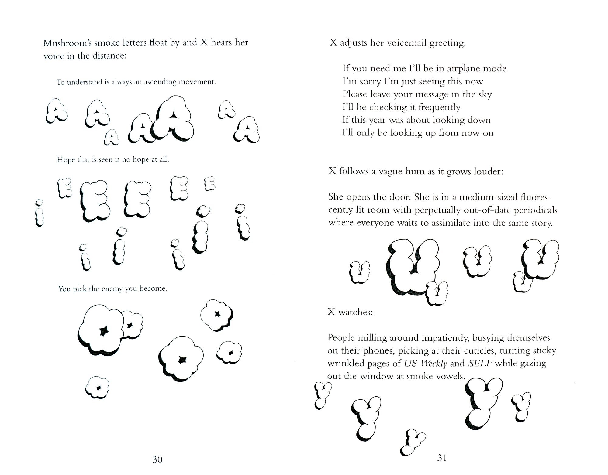 Spread in black on white, showing flow text as well as illustrations of letters that resemble bubbles.