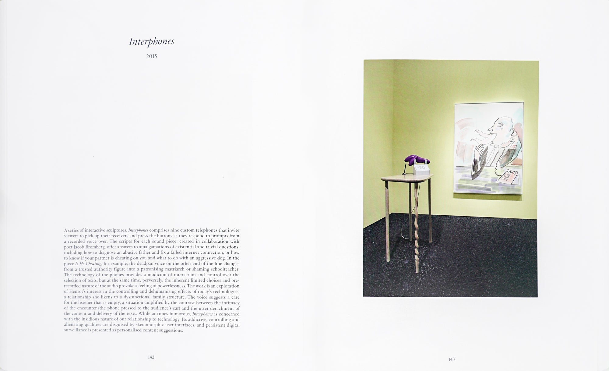 Spread depicting flow text on the left and an installation photograph on the right on a white background. 