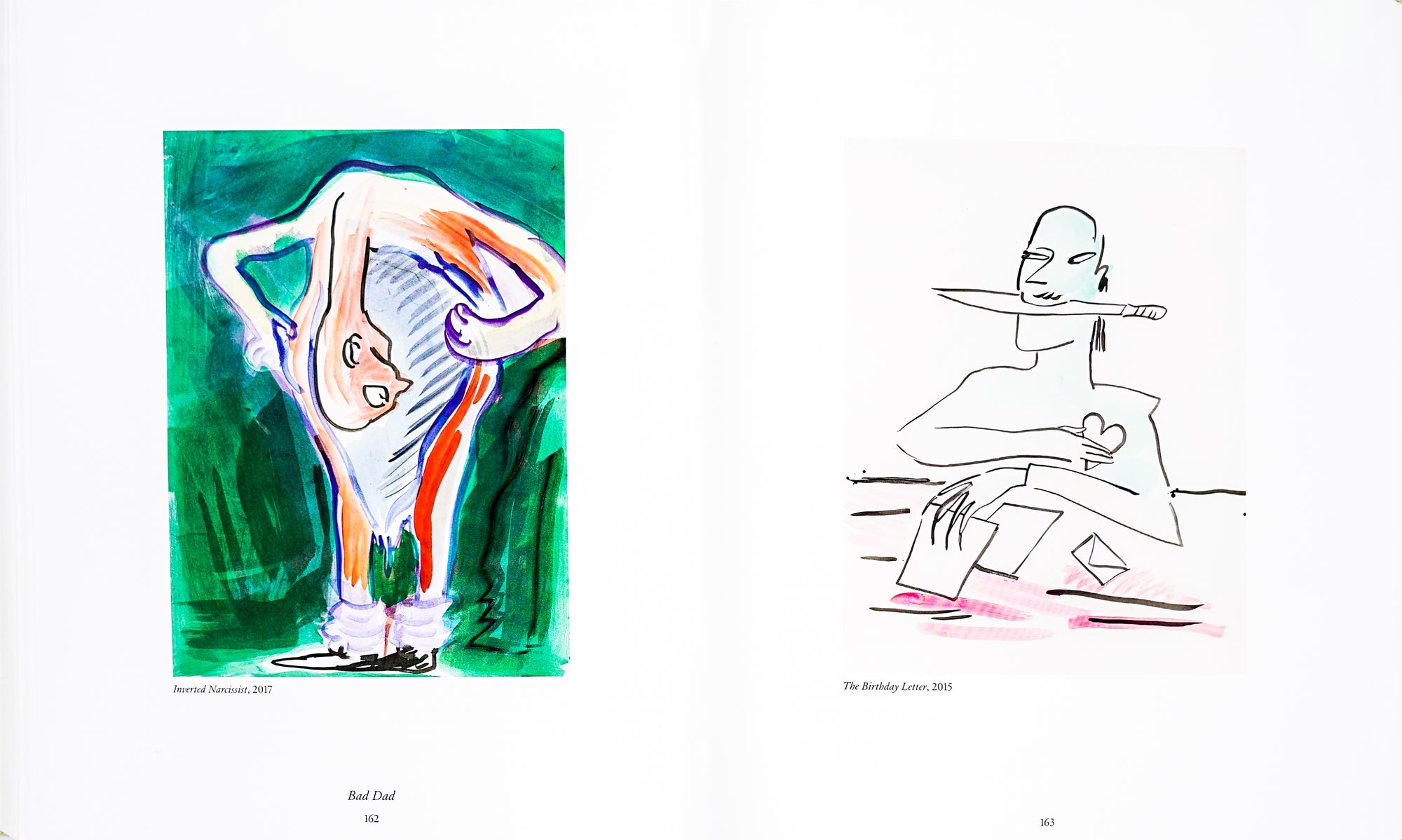 Spread showing two of Camille Henrot's drawings, 'Inverted Narcissist, 2017' to the left, 'The Birthday Letter, 2015' to the right. To the left is a person bending over and looking into a void that seems to live inside of their torso, on a deep green background. To the right, a carefully outlined figure holding a knife in their mouth, with open letters sprawled in front of them, holding a heart to the left side of their chest.