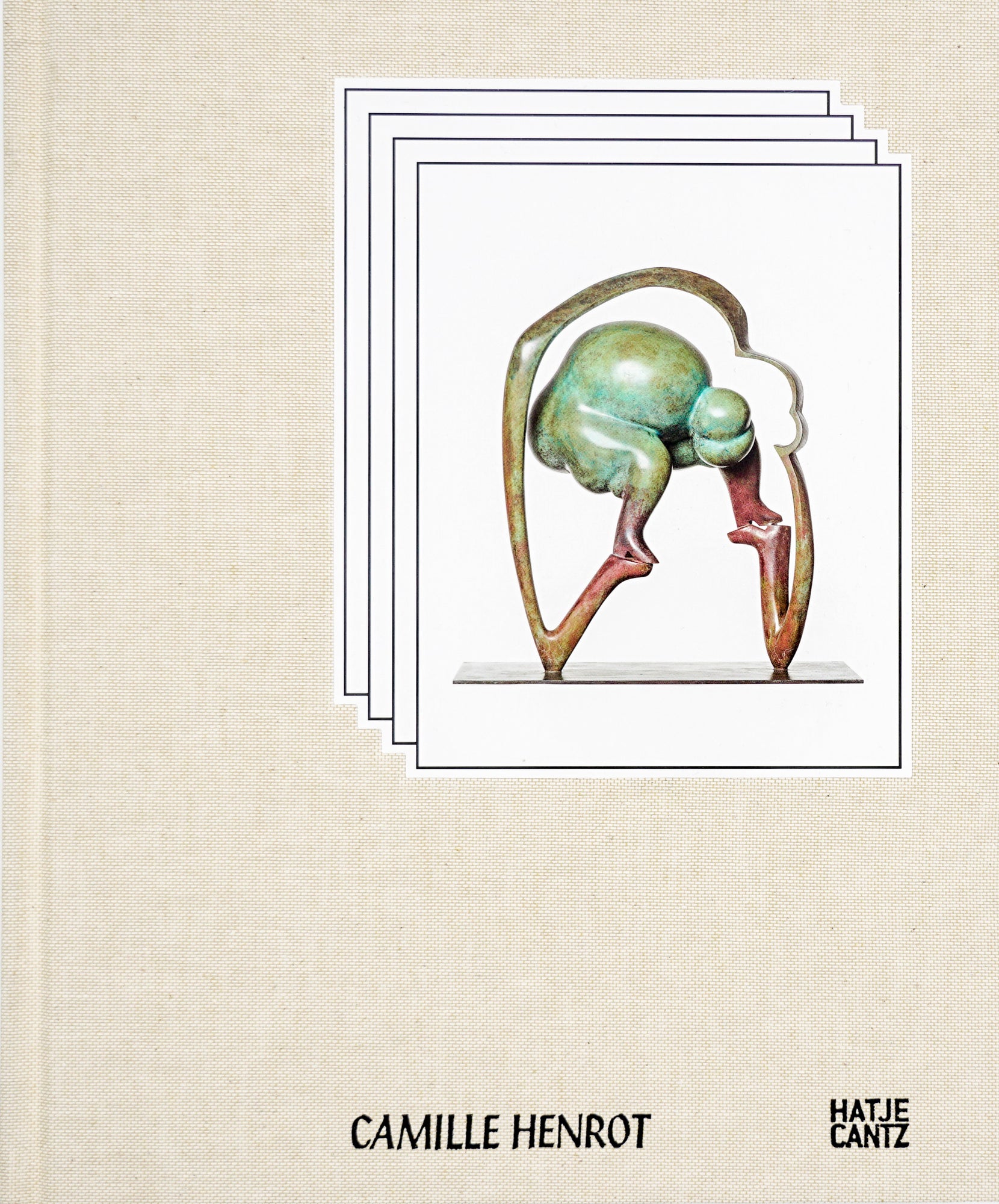 The book cover, consisting of the eggshell cloth it is bound in. On the top right sits a photograph of an oxidised copper sculpture on a white background, while at the bottom, centred, sits in italic capital letters, the name of the artist.