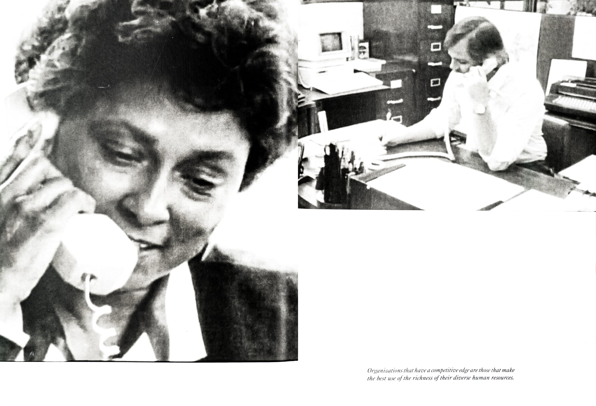 A spread depicting two stills of a black and white video of office workers on the phone.