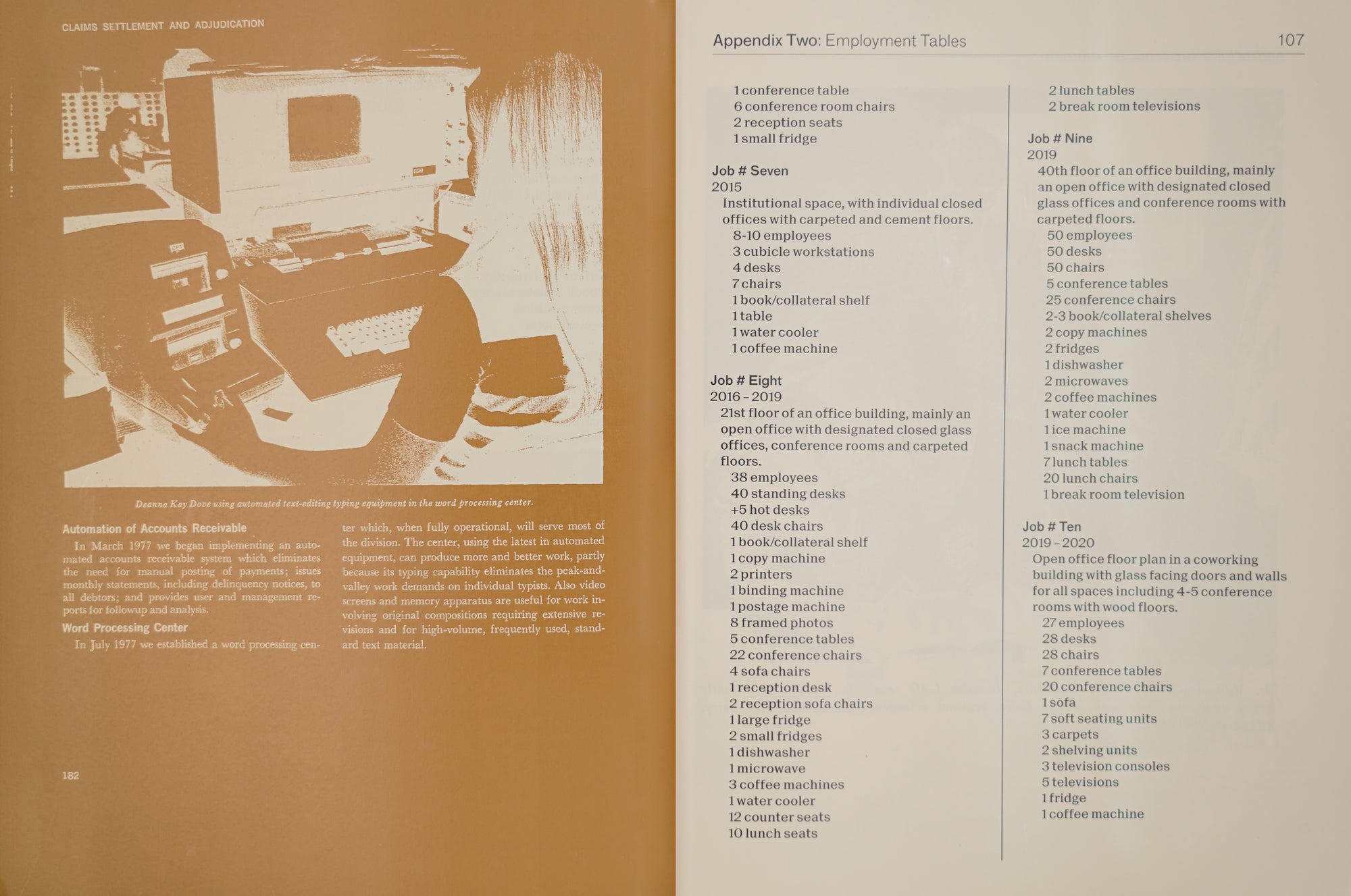 A spread held in muted earth tones, to the left in a tan cognac colour, to the right in eggshell. On the left page there's an image of a woman sitting by a computer, on the right an excerpt of employmenr tables that seem to line out several office inventories.