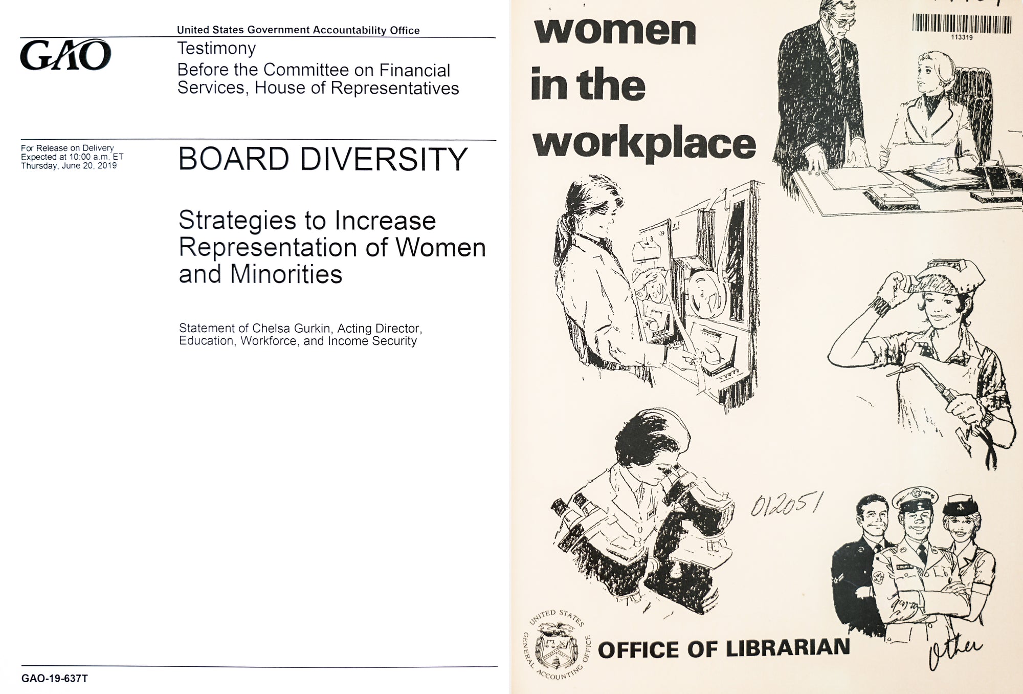 A spread depicting, on the left side, a government report-like cover, reading 'BOARD DIVERSITY: Strategies to Increase Representation of Women and Minorities’, on the right several illustrations of women at work with the imposed title that reads ‘women in the workplace’.