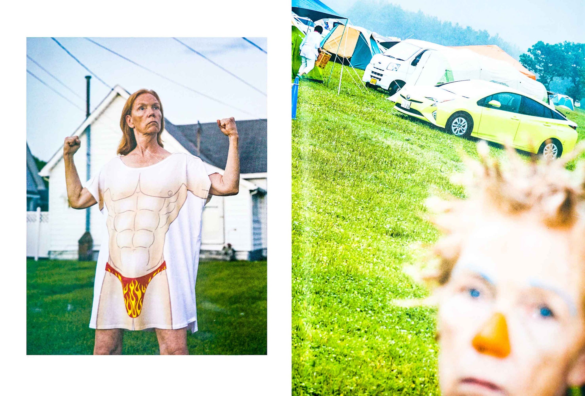 Book spread with two colour photographies on each side. The left page depicts a person with long reddish blonde hair, holding their fists up and wearing a gown with a print of a muscular male torso. The left page is an image of a green lawn with camper cars in the background and a blurry painted face looking into the camera in the foreground.