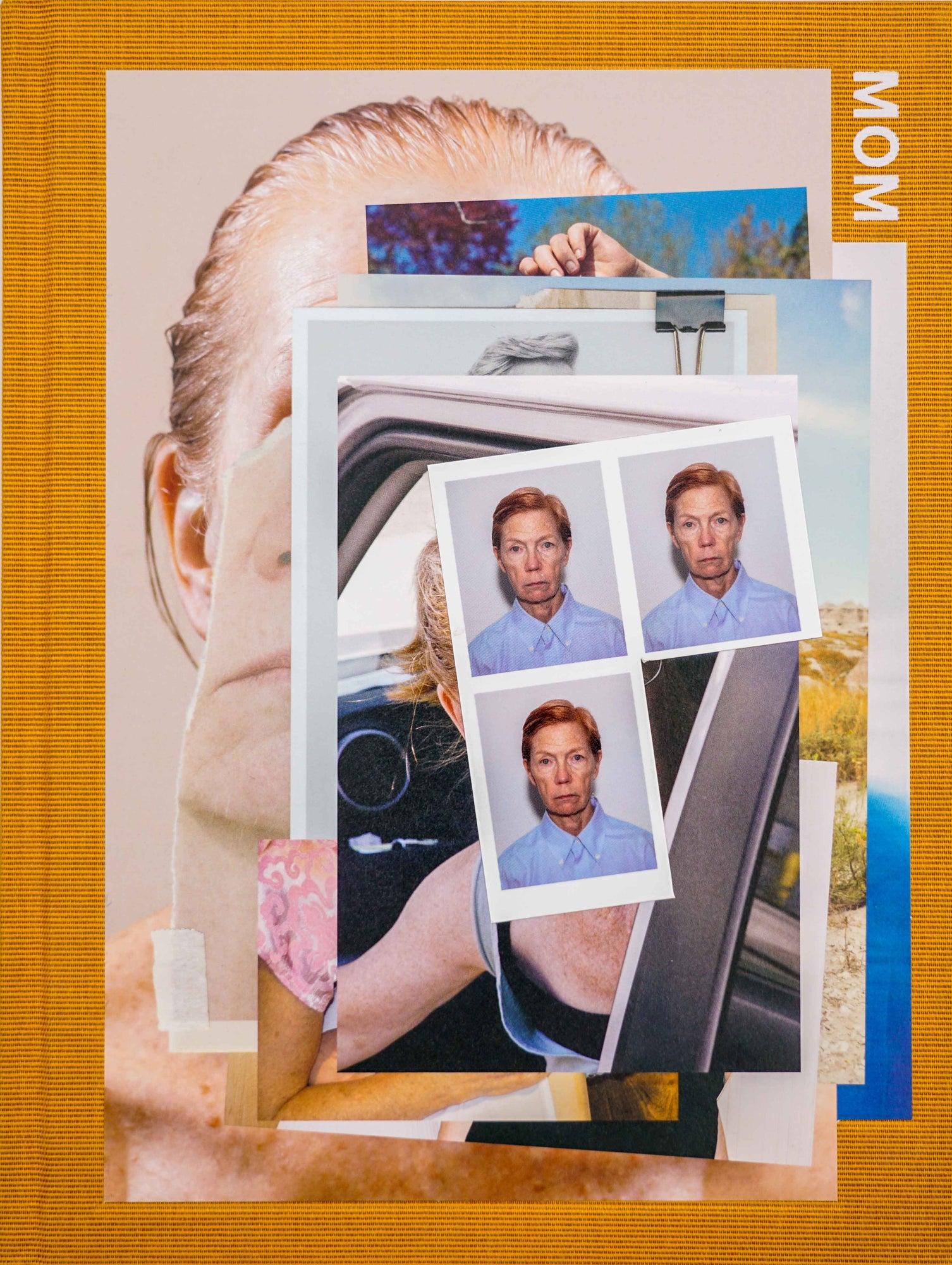 Book cover with curry yellow background and multiple photographies of a person stacked on top of one another. On the upper right corner it says the title MOM in capital white sans serif.