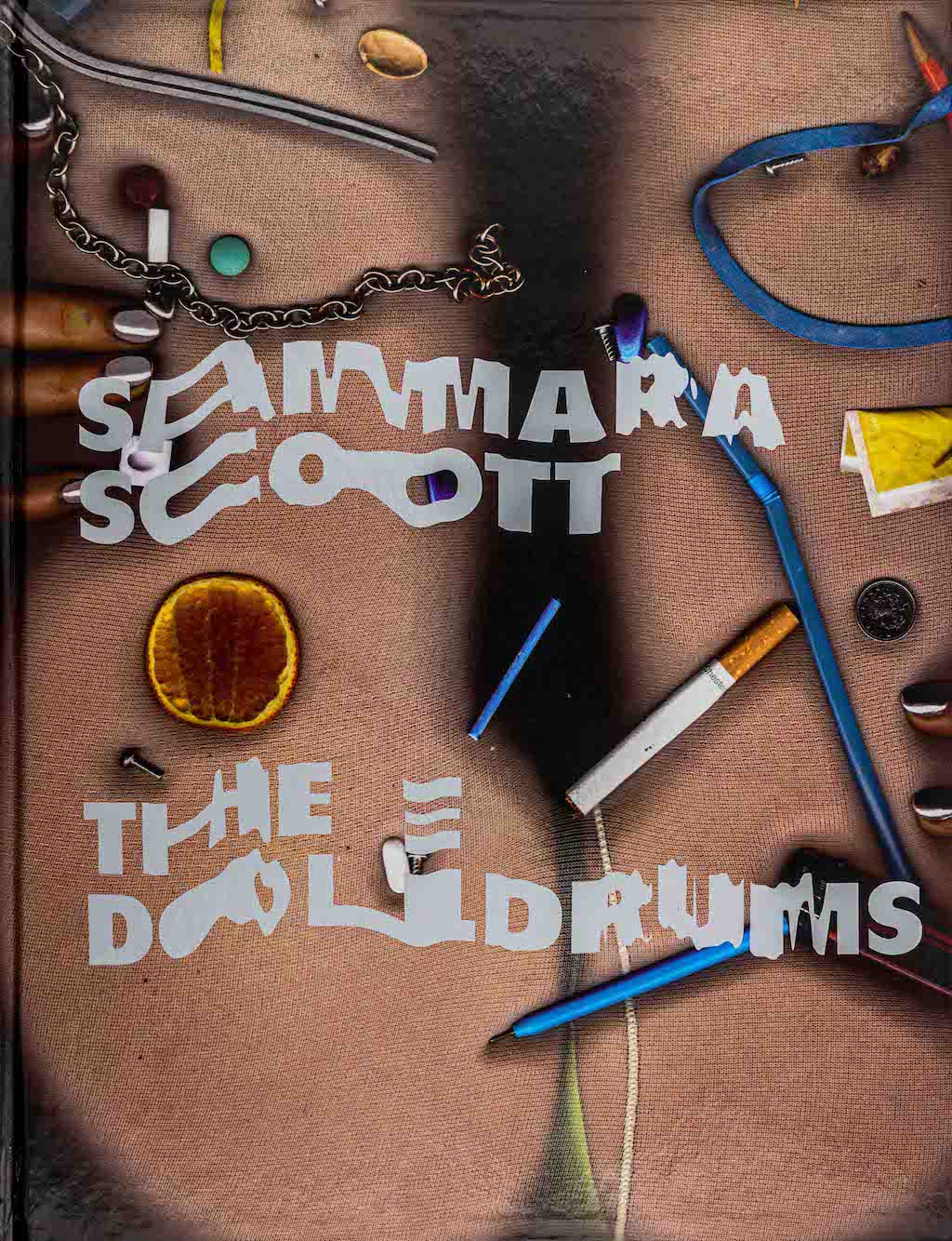 The cover shows a scanned image of a person sitting on the scanner in tights and lime green underwear. Under the scanned legs and bum are several items including a penny, a cigarette, a pencil, a dried orange slice, a screw, as well as the presumed fingers of the person sitting, which have their nails manicured in a chrome look. The title sits, in silver scanned type, on top pf the scanned image.