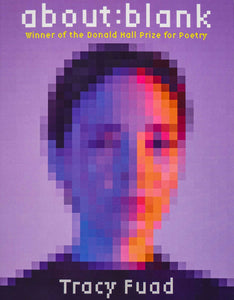 Pixelated headshot of a person on a fading lilac background. Title in white in pixels on centre top. Author's name in white on the bottom page, centred. 
