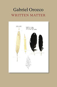 Gabriel Orozco Written Matter in serif type with an image of a book that has illustrations of feathers on its cover and beige backdrop