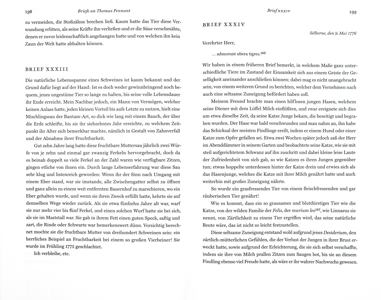 Doppelseite mit Fließtext in schwarz auf weiß in Serif Schrift. Eine Überschrift liest: 'BRIEF XXXIII' und eine weitere 'Brief XXXIV'.