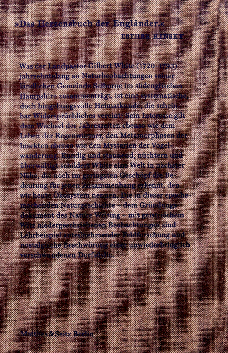 Rückseite des Buchs, wieder in braunem Canvas Einband und mit einem in Siebdruck gedruckten Klappentext. 