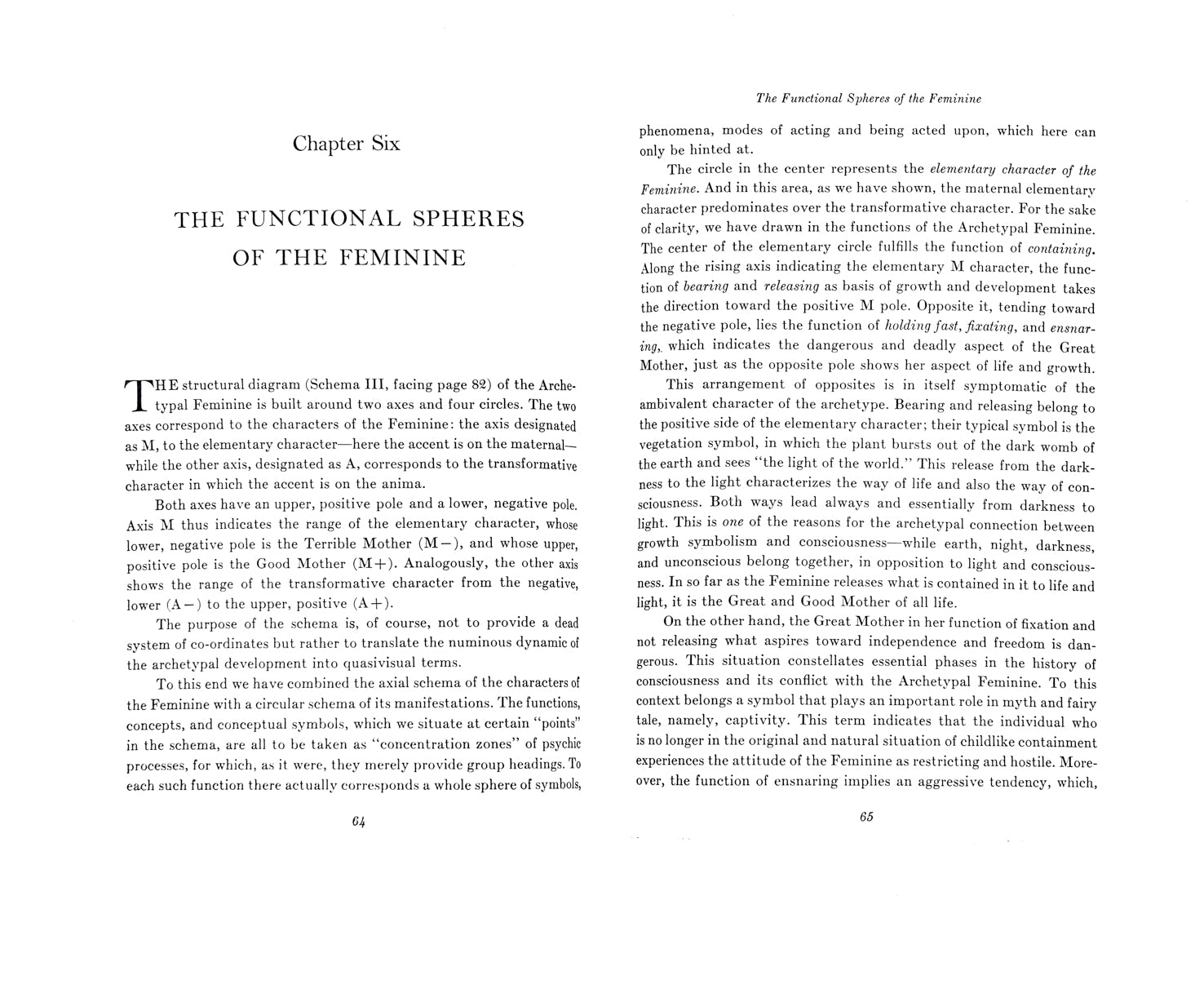 Spread of the pages 64 and 65 depicting black on white flow text in serif type. The left page opens: Çhapter Six: The Functional Spheres Of The Feminine'. 