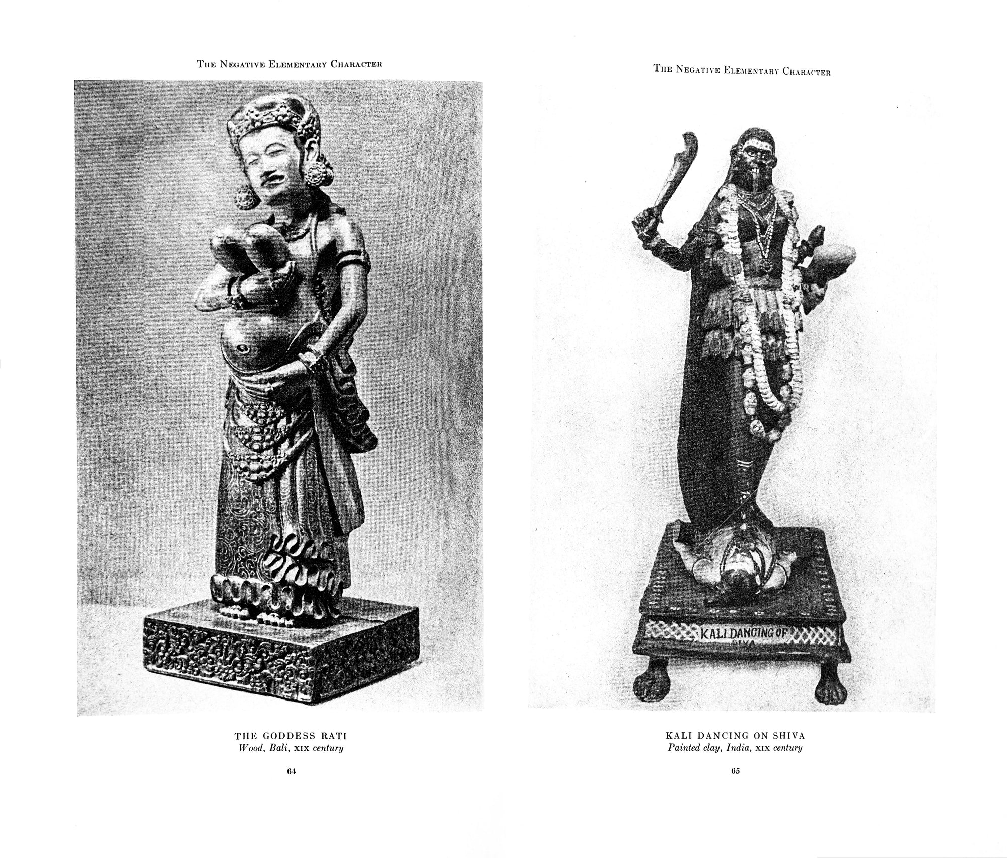 Spread depicting two black and white museum archive photographs of a statue of a goddess on each side respectively. 