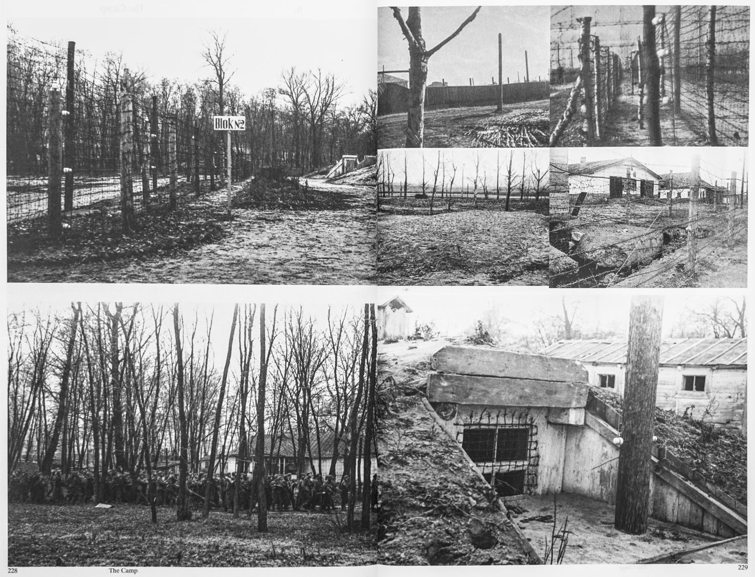 Book spread of two pages with each two black and white photographies on top of one another of trees, fences, barracks and barred entrances.