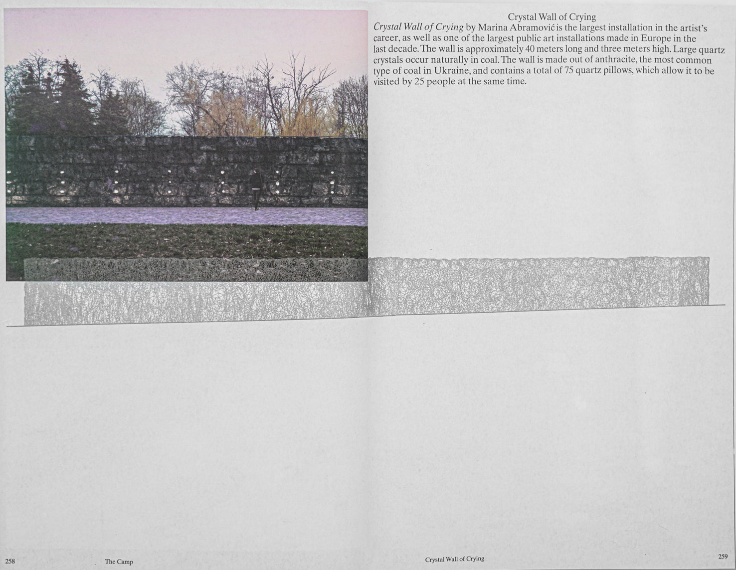 Book spread in monochrome light grey with a short text in black serif on the right page with the title Crystal Wall of Crying and a picture of a wall in front of trees in green, brown and purple colours on the left.