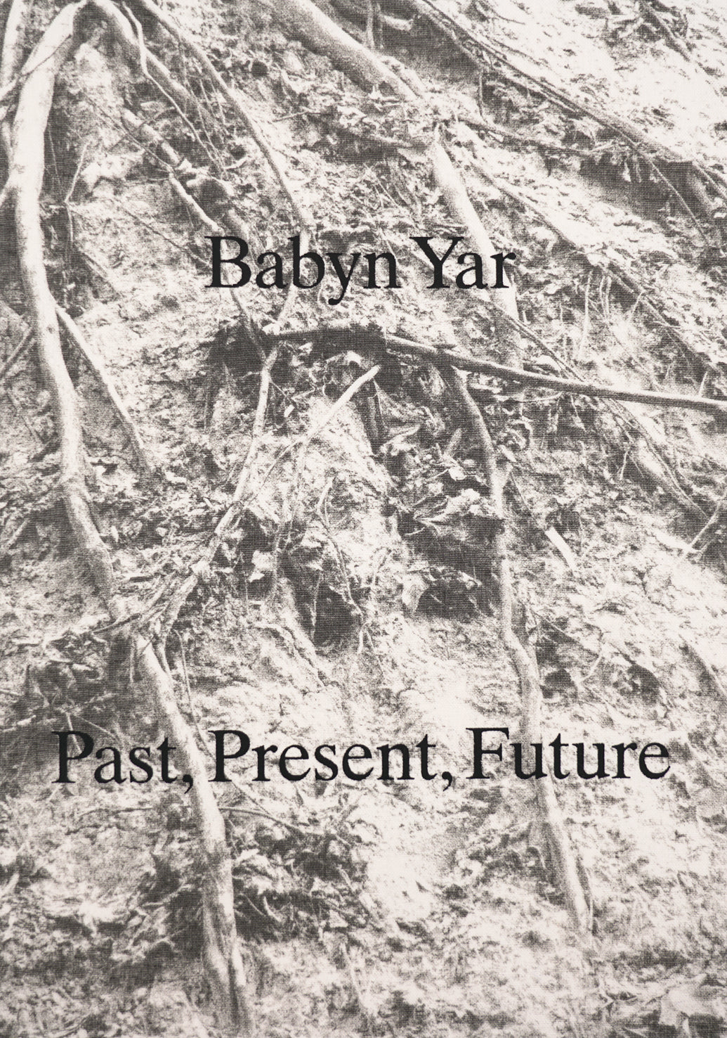 Book cover with black and white background of overgrown branches in dust and the title Babyn Yar in black serif in the upper third of the page. In the lower third of the page it says Past, Present, Future. 