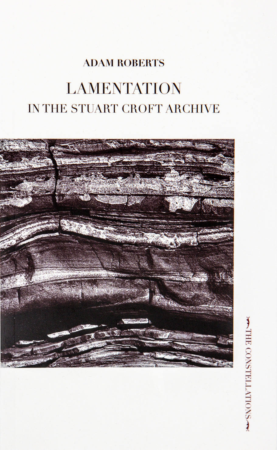 Book cover with white background. black and white photograph of an organic texture in the center. The name and title of the piece above in dark brown serif upper case font.