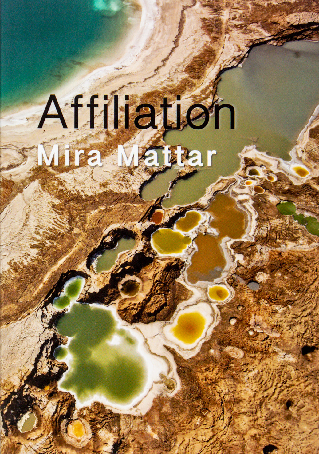 Book cover with bird's-eye view of a jagged landscape of lakes and and shores in green, ocher, brown and beige tones. In the upper third of the page it reads the title Affiliation in black sans serif. Below that it says the author Mira Mattar in white sans serif.