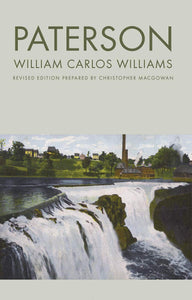 Paterson William Carlos Williams in deep green sans serif type with an illustration of a river dam in the foreground and small town in the background