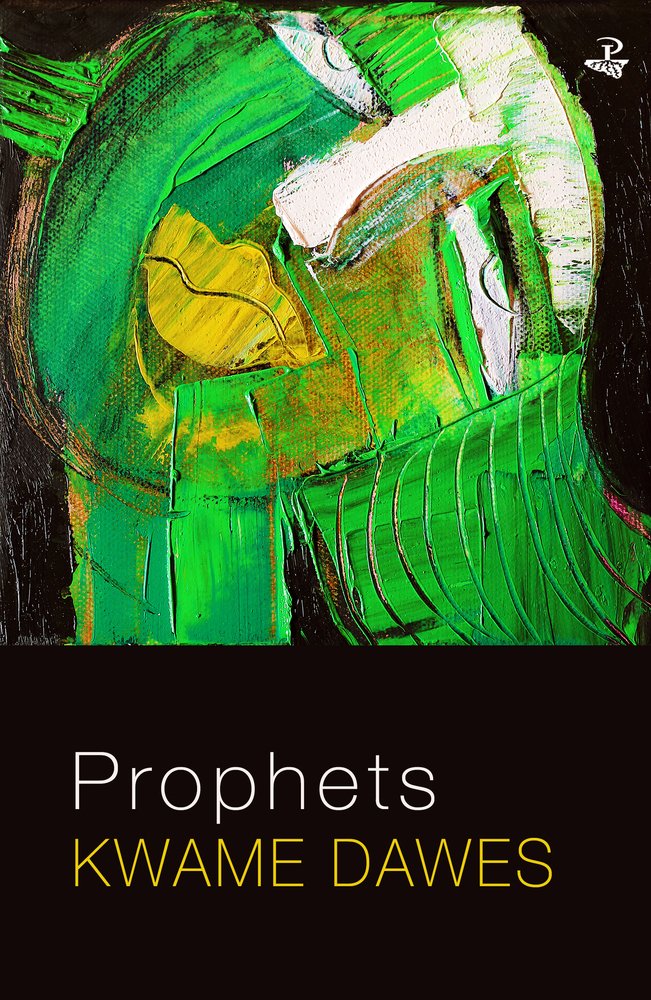 Prophets Kawme Dawes in white and yellow sans serif type with an abstract painting of a face in yellow, white and green