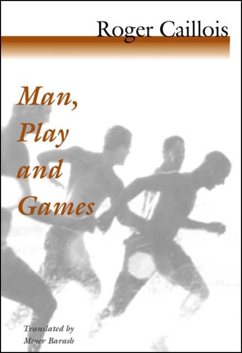Four figures engaged in sport with Roger Caillois Man, Play and Games on white backdrop