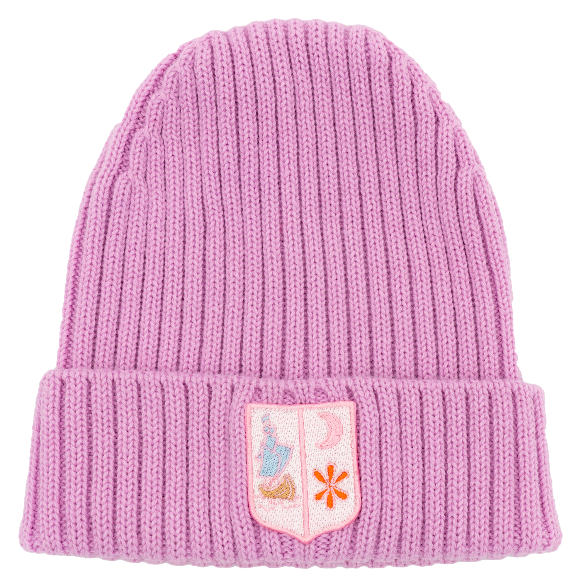 A rose coloured woven beanie with an embroidered detail at the rim. The embroidery entails a sailing ship, a 6-leaved bright orange flower and a rose half moon. 