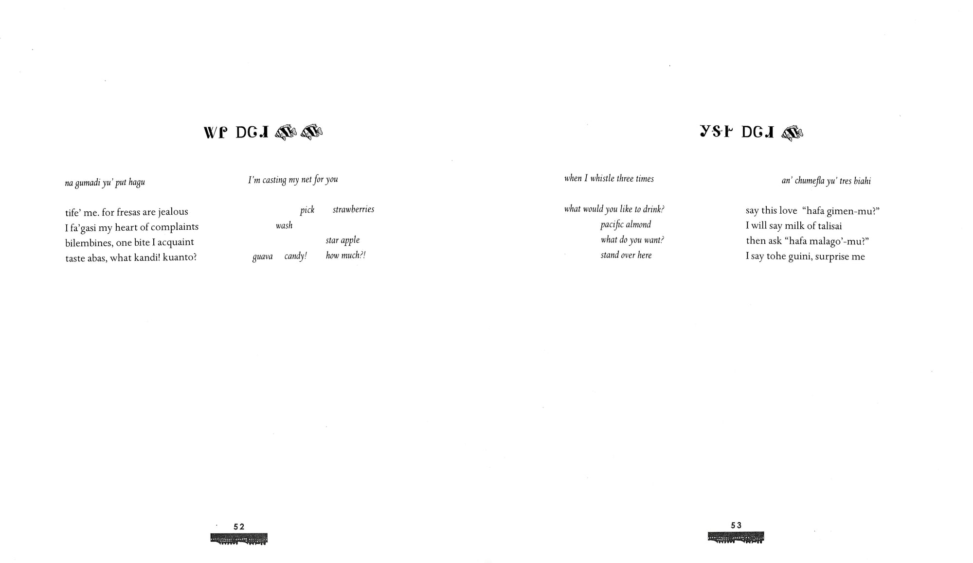 Book spread in white with small interrupted columns of text in both roman and italic serif black writing. The titles on both sides consist of letters alongside little pictograms of fish.