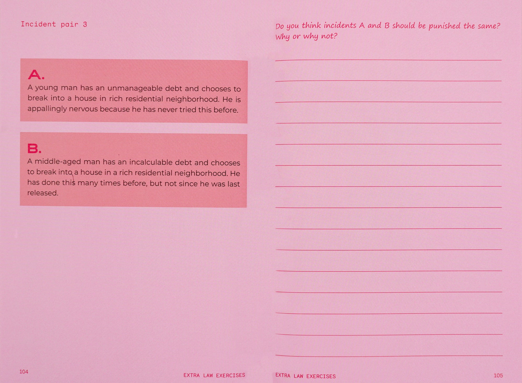 Book spread in light pink, on the left side in darker pink there are two text boxes titled A. and B. and on the right side a question in serif writing followed by empty lines in order to be filled in.