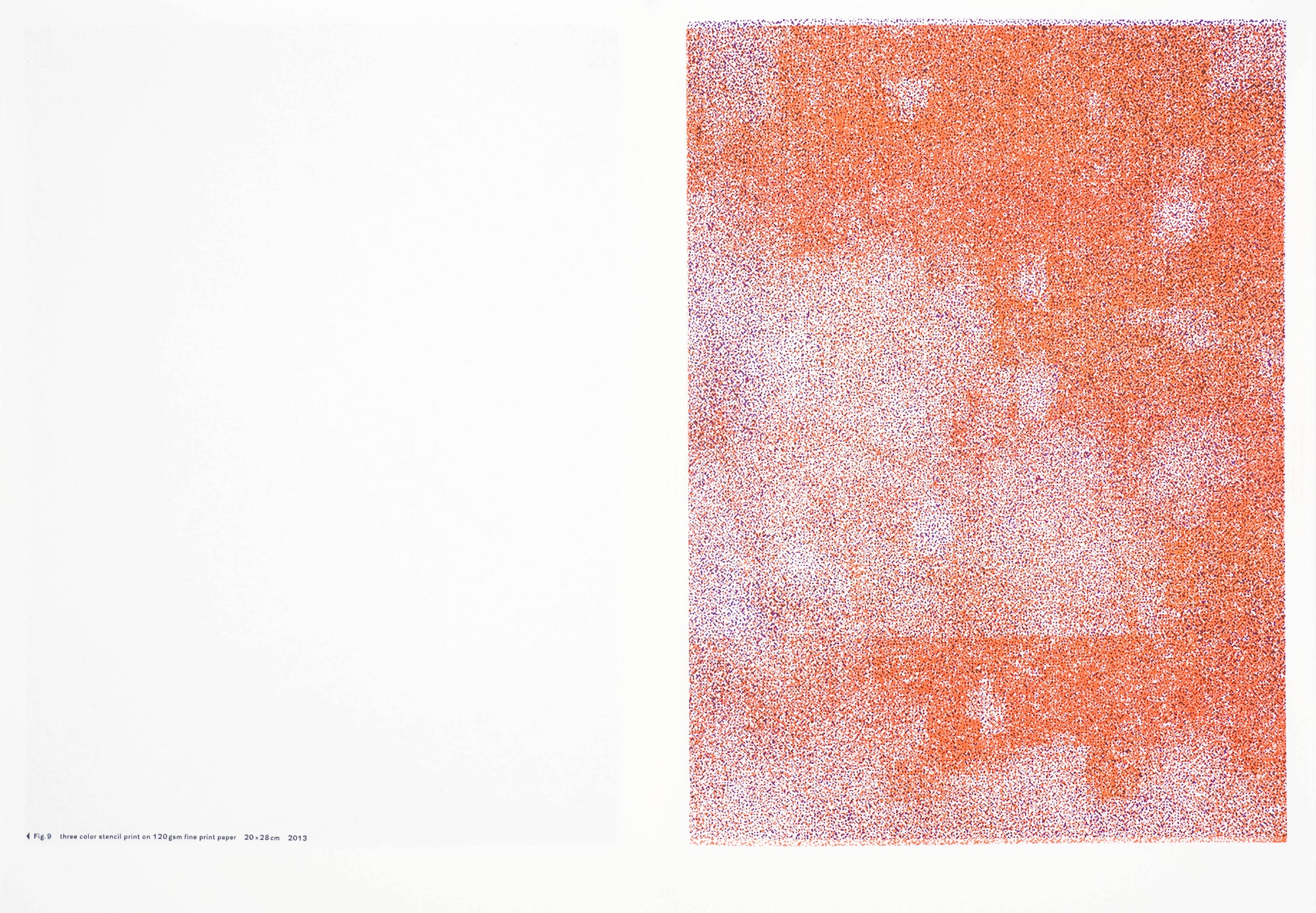 Book spread with blank left page and the right page covered fully in an abstract pointillist image in red tones.