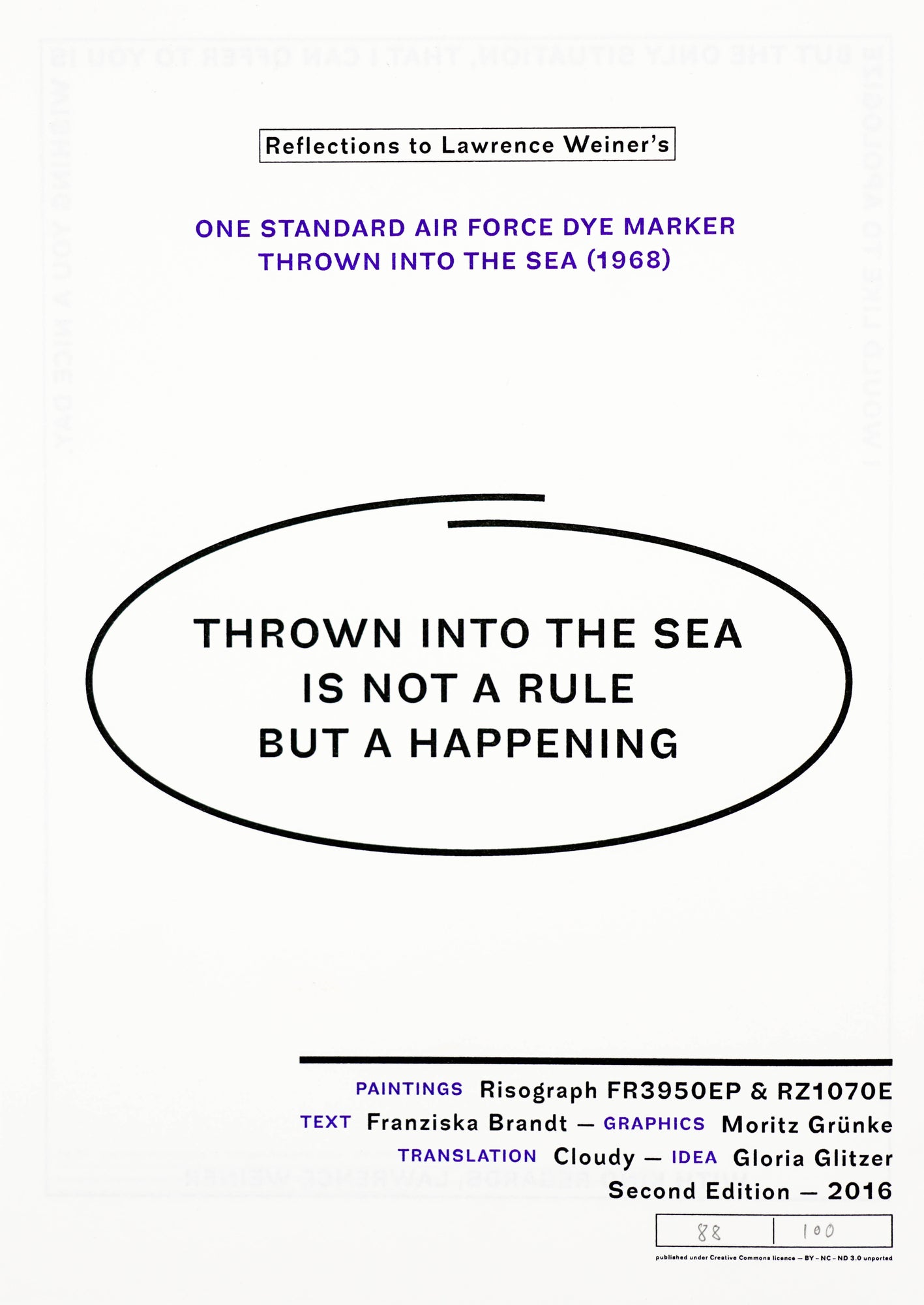 White book cover with black and purple sans serif text written on it. The title in the middle of the page says THROWN INTO THE SEA IS NOT A RULE BUT A HAPPENING and is circled by a black ellipse.