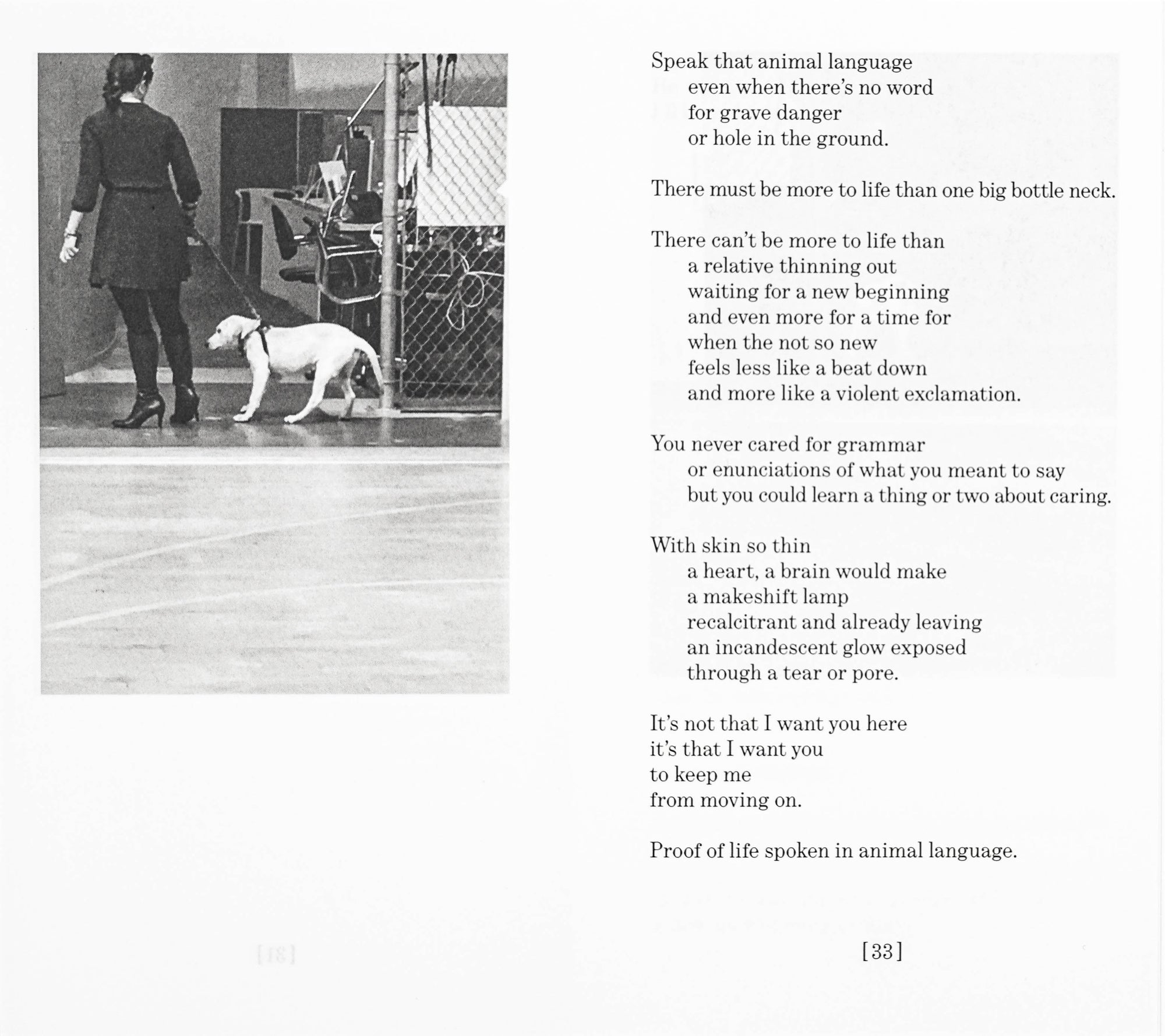 White background book spread with black and white image of a woman with a dog on a leash on the left half. On the right one column of poetry text written in black serif, with the page number “33“ in brackets below it.  