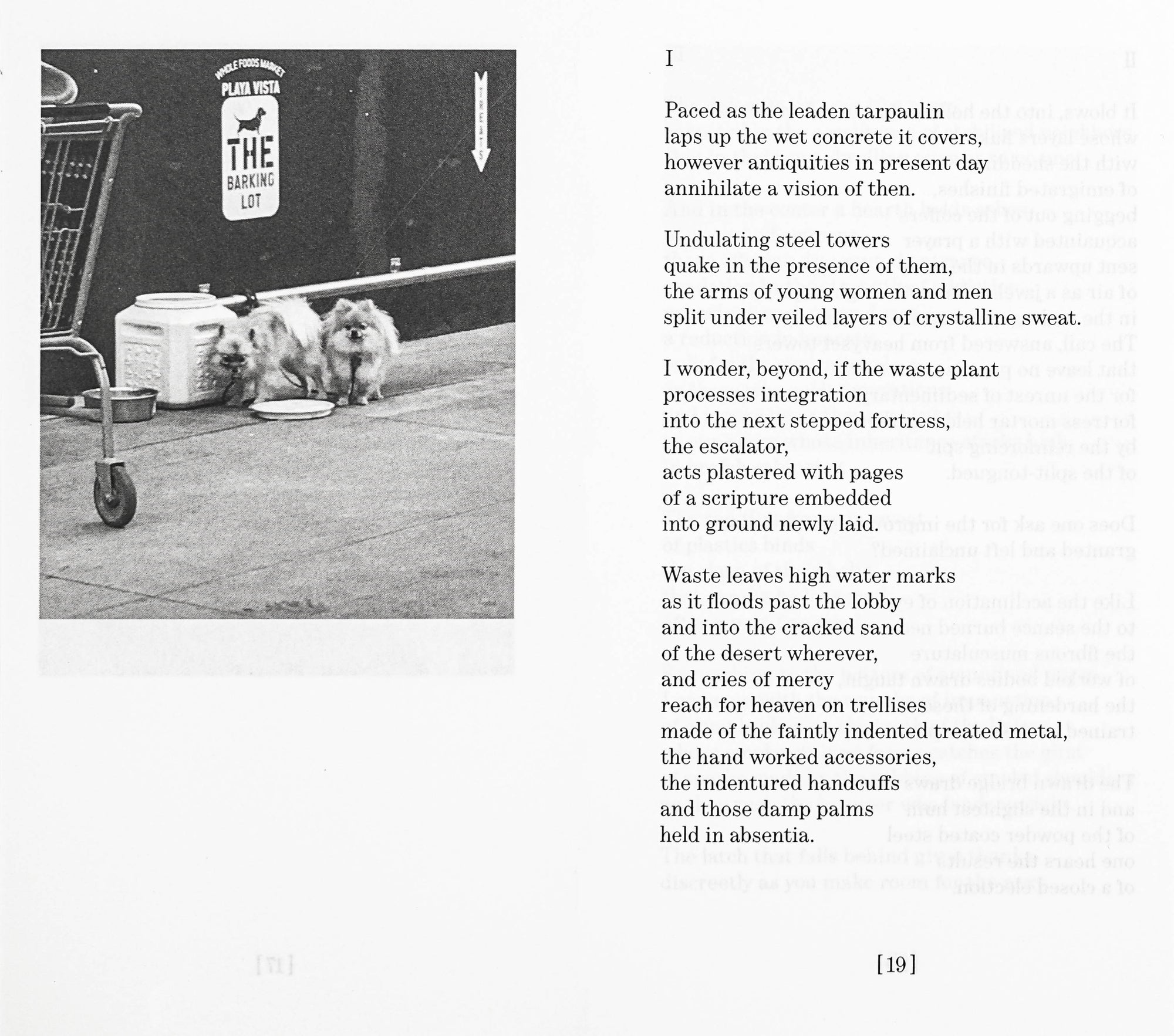 White background book page with black and white image of two dogs on the left side. One column of poetry text entitled “I“ on the right side, written in black serif with the page number “19“ in brackets below it.