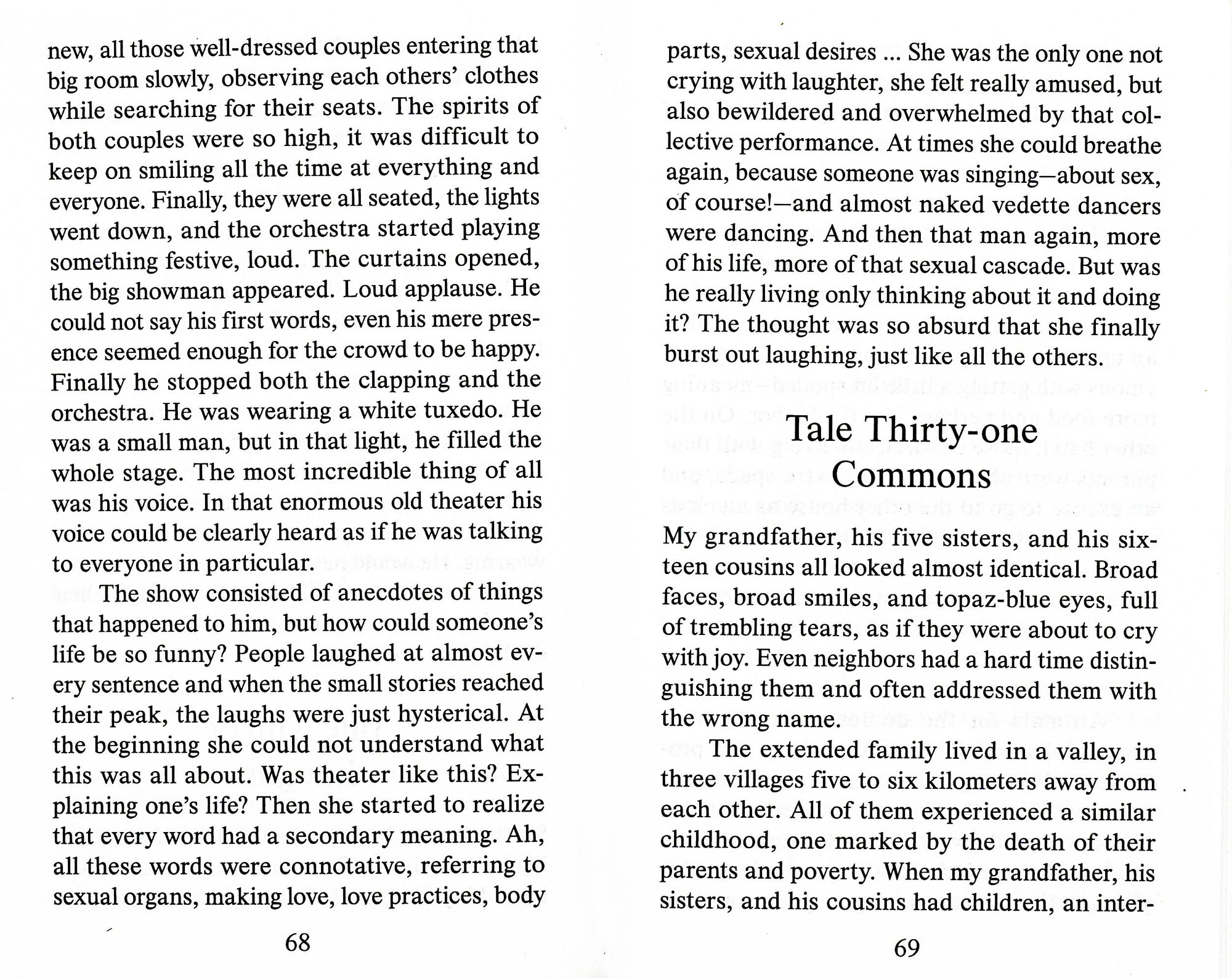 Book spread with white background and black serif text written on each side. The text on the right side is interrupted in the middle of the page by the title Tale Thirty-one Commons.