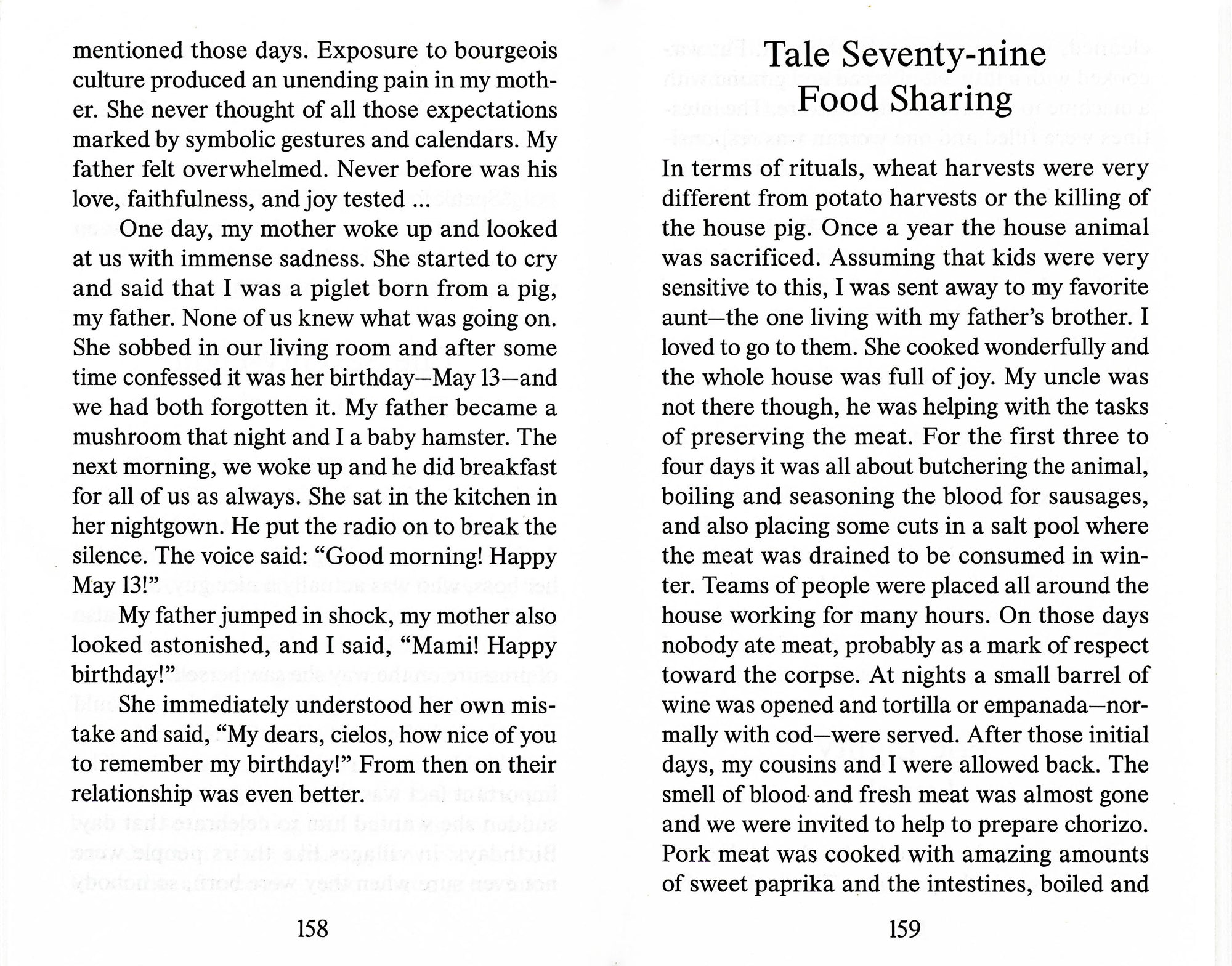 Book spread with white background and a column of black serif text on each page. The right page is entitled Tale Seventy-nine Food Sharing.