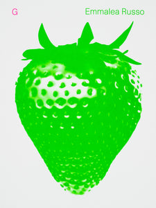 Book cover with white background and a large depiction of a strawberry in monochrome acid green. The title of the book G in red sans serif in the upper left corner of the page, the author Emmalea Russo in acid green sans serif in the upper right corner.